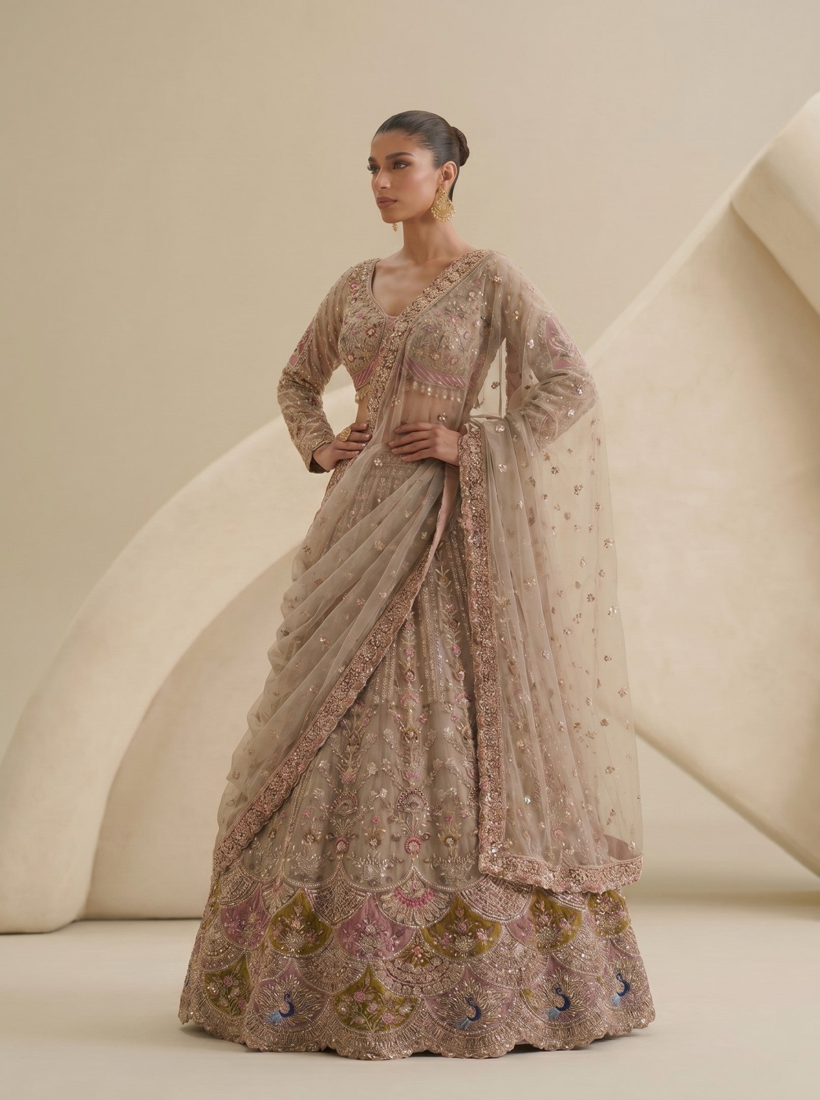 Multi Grey Embroidered Ready Blouse With Lehenga