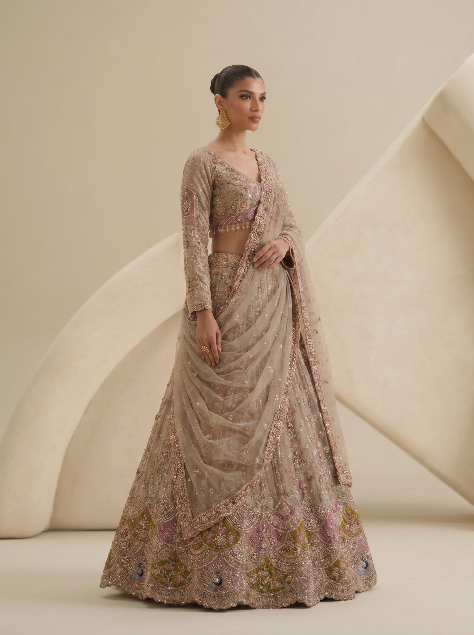 Multi Grey Embroidered Ready Blouse With Lehenga