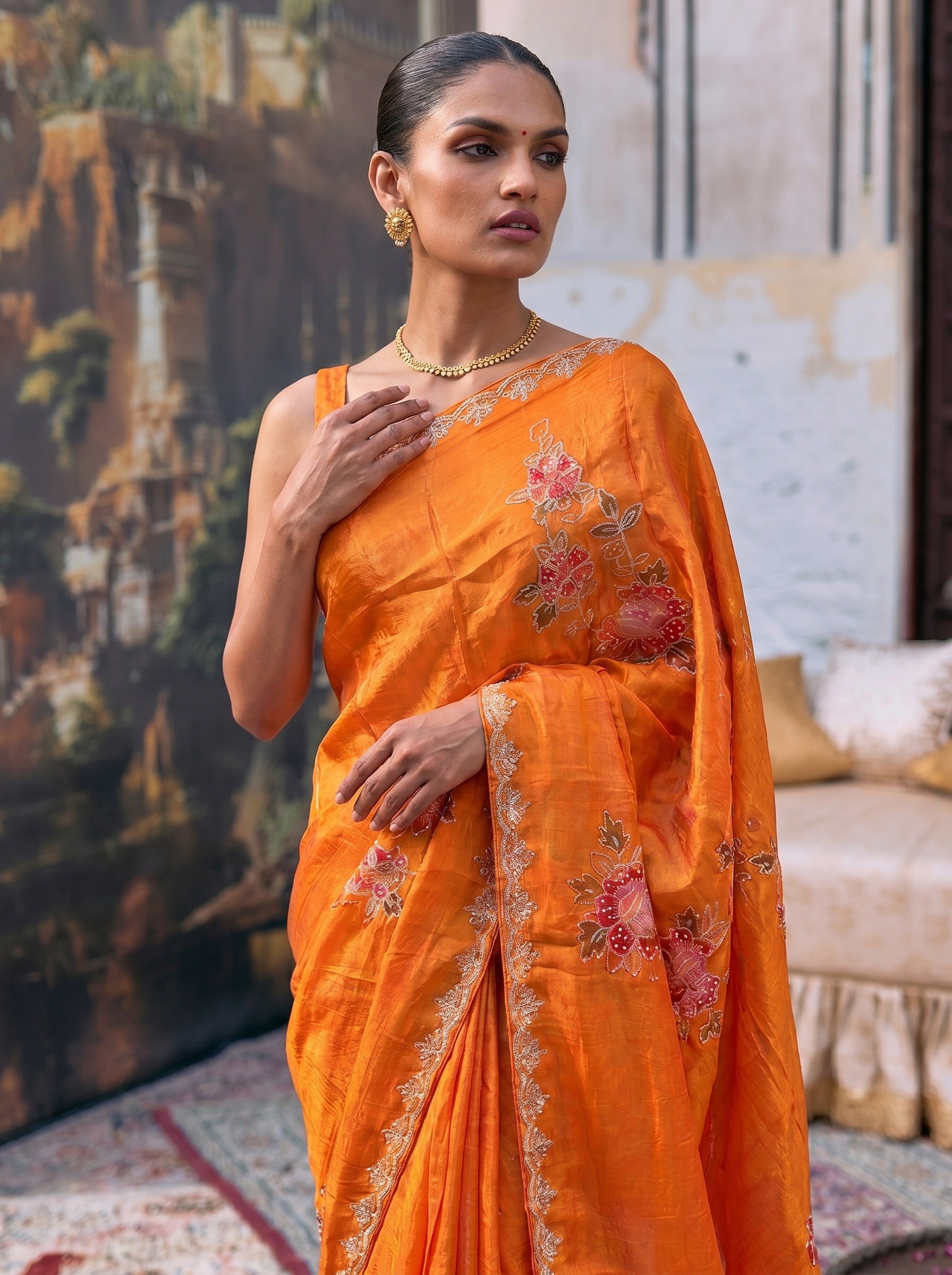 Orange Digital Print Silk Saree