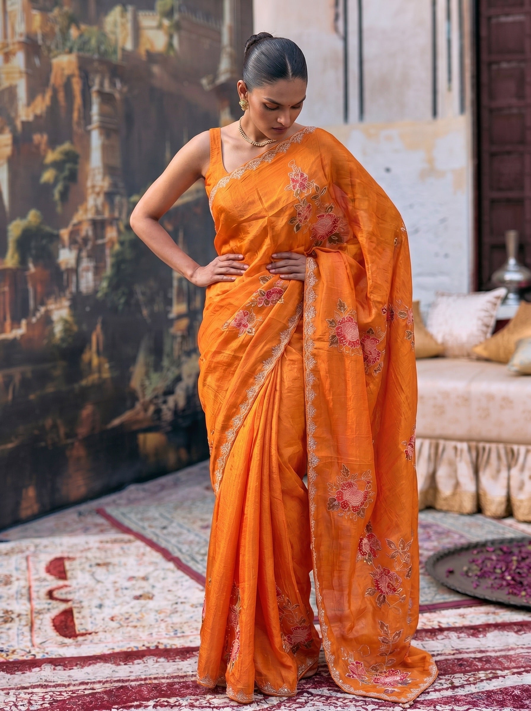 Orange Digital Print Silk Saree