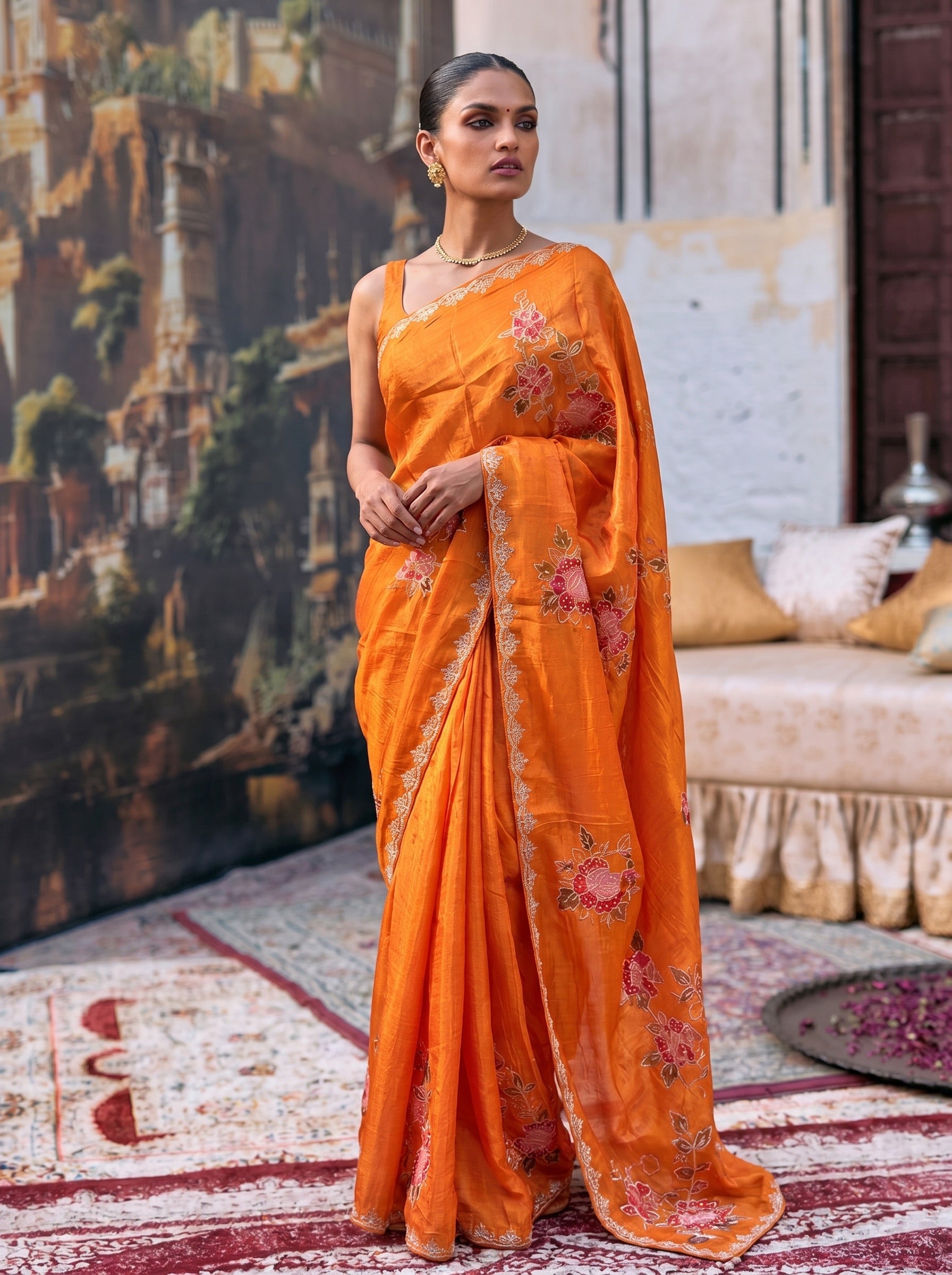 Orange Digital Print Silk Saree