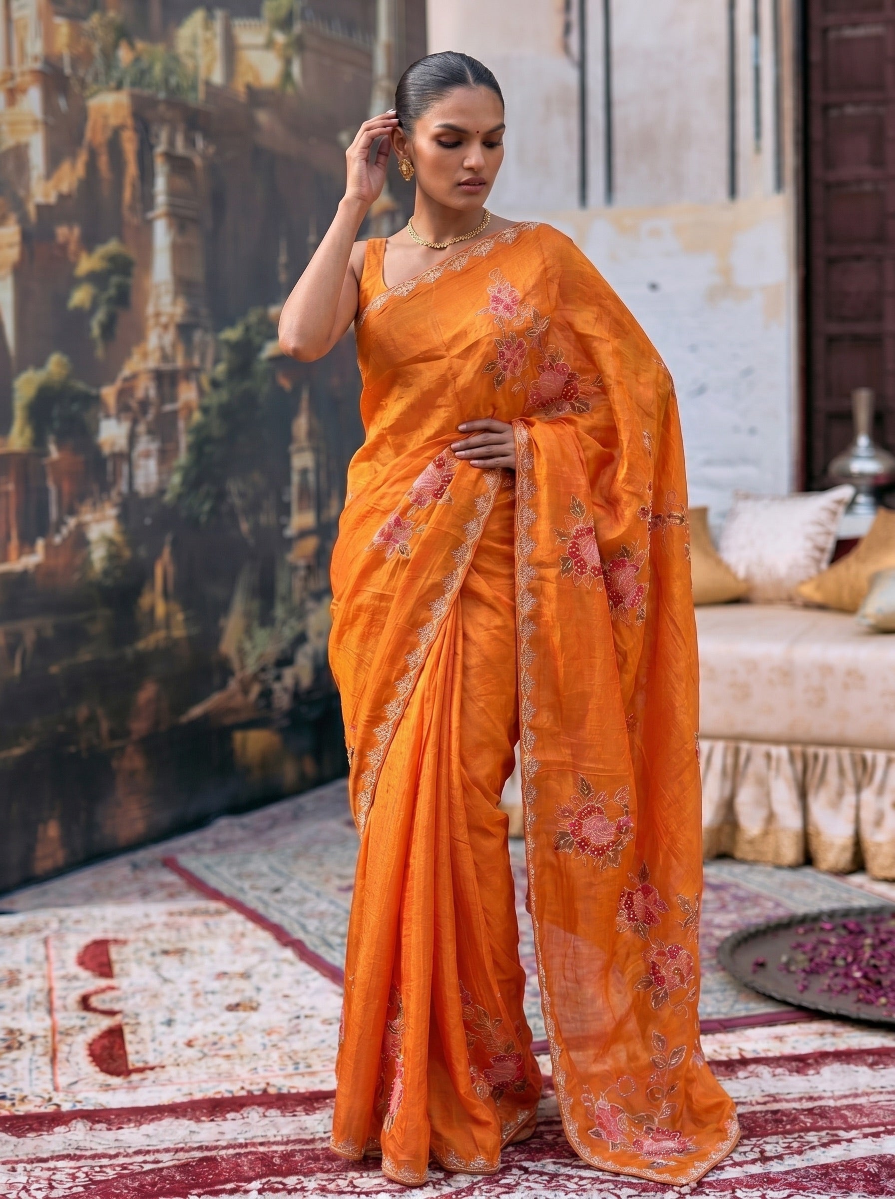 Orange Digital Print Silk Saree
