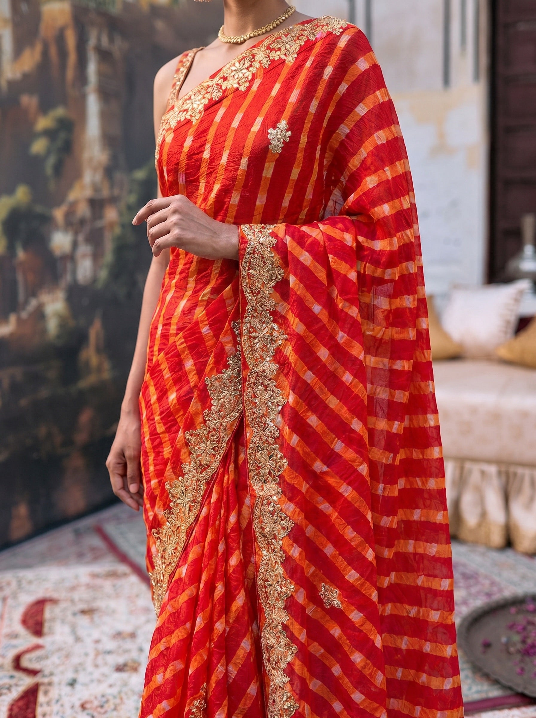 Orange Leheriya Tussar SIlk Saree