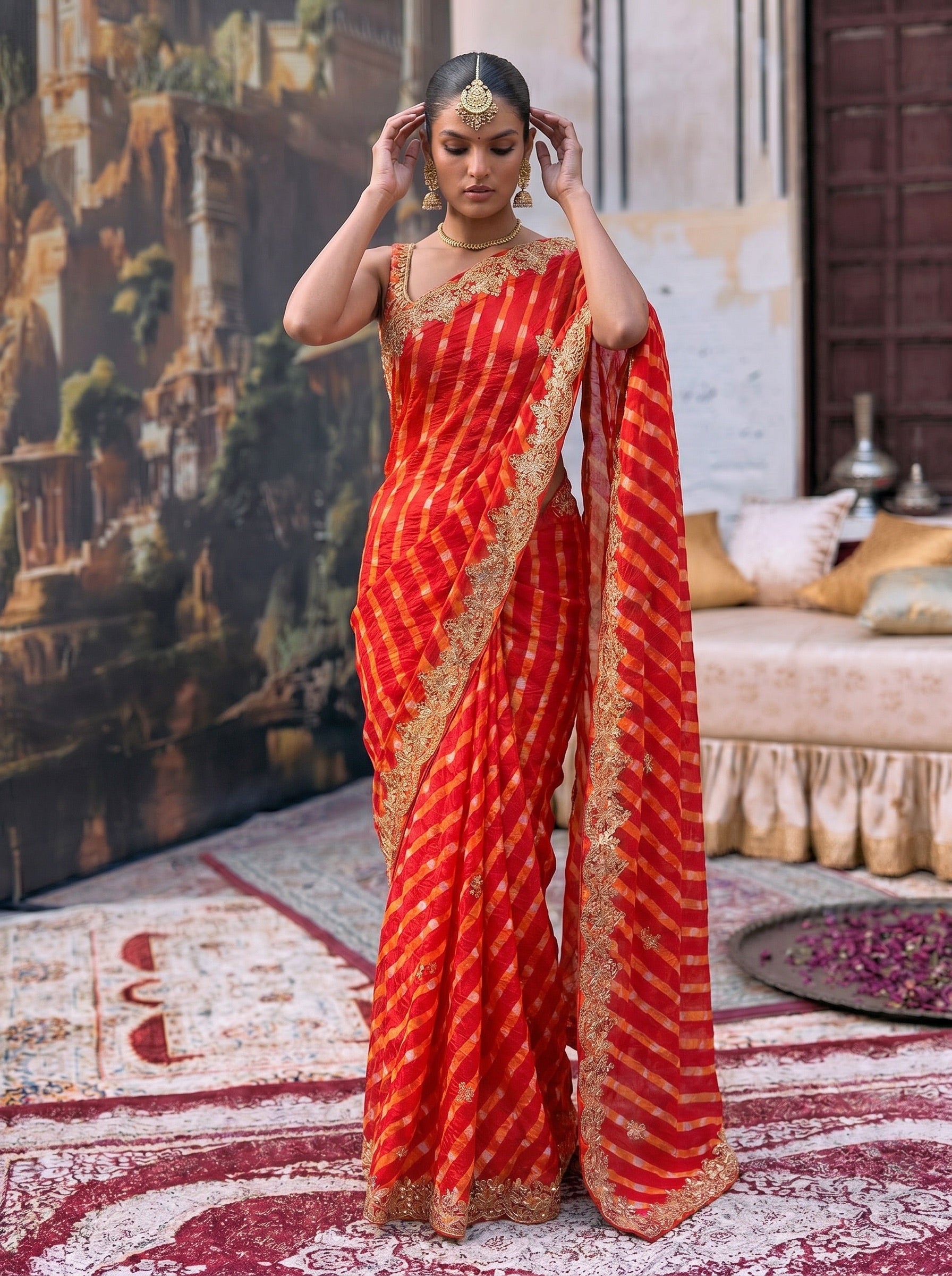 Orange Leheriya Tussar SIlk Saree