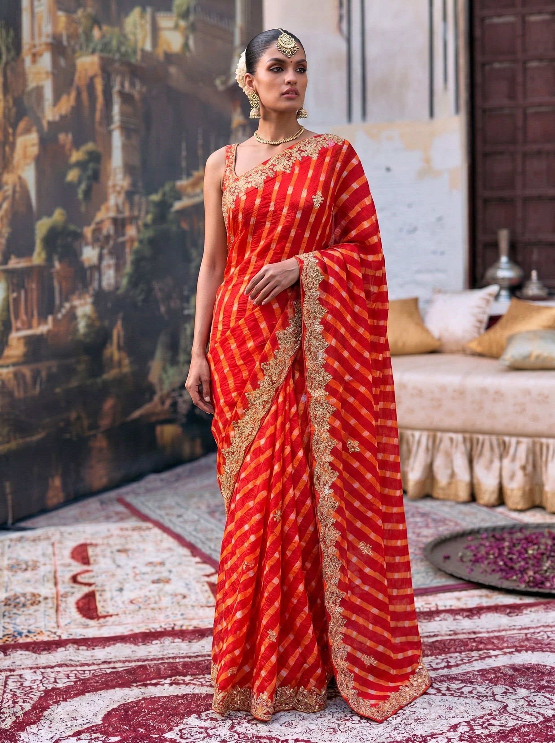 Orange Leheriya Tussar SIlk Saree