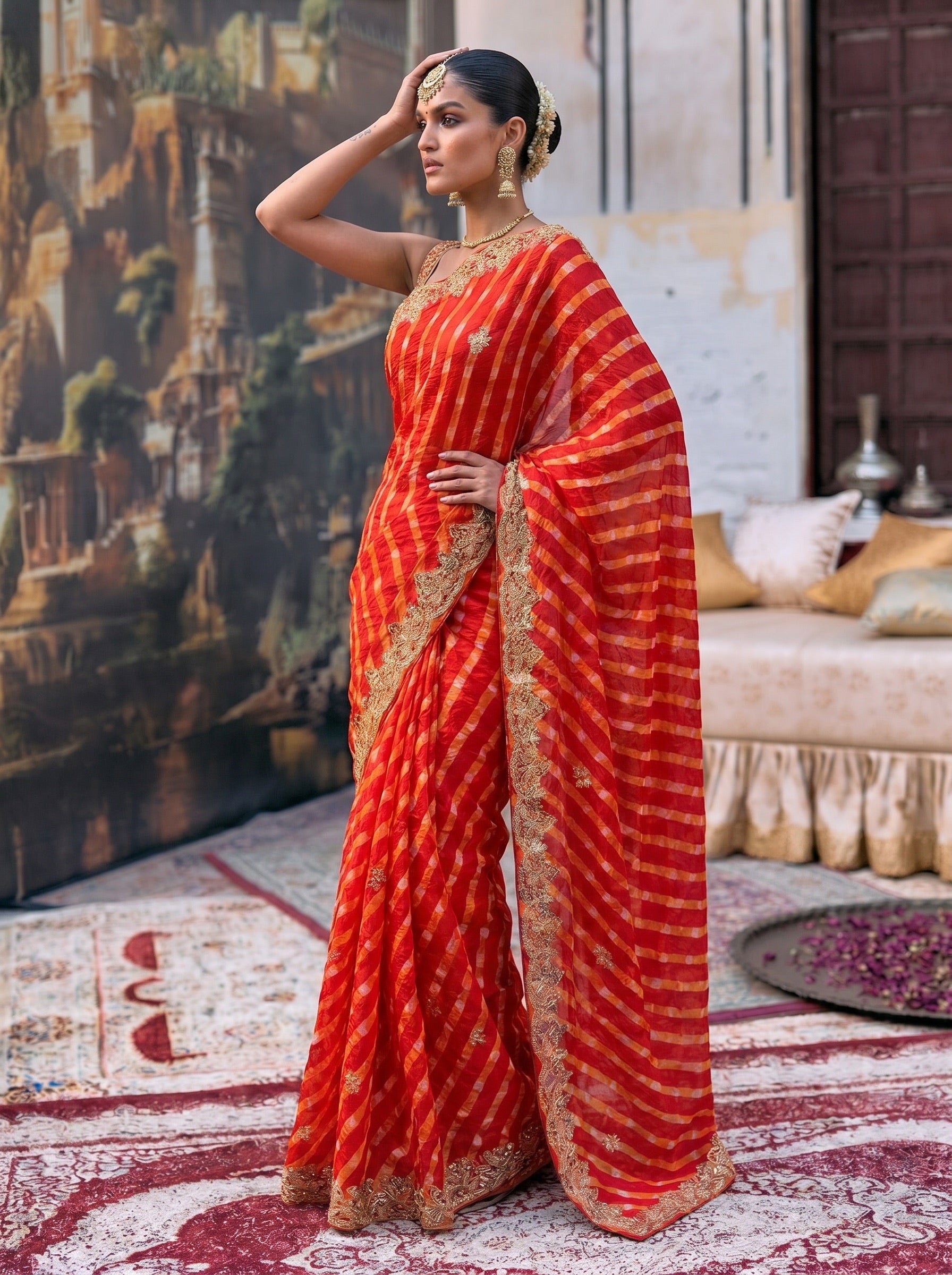 Orange Leheriya Tussar SIlk Saree