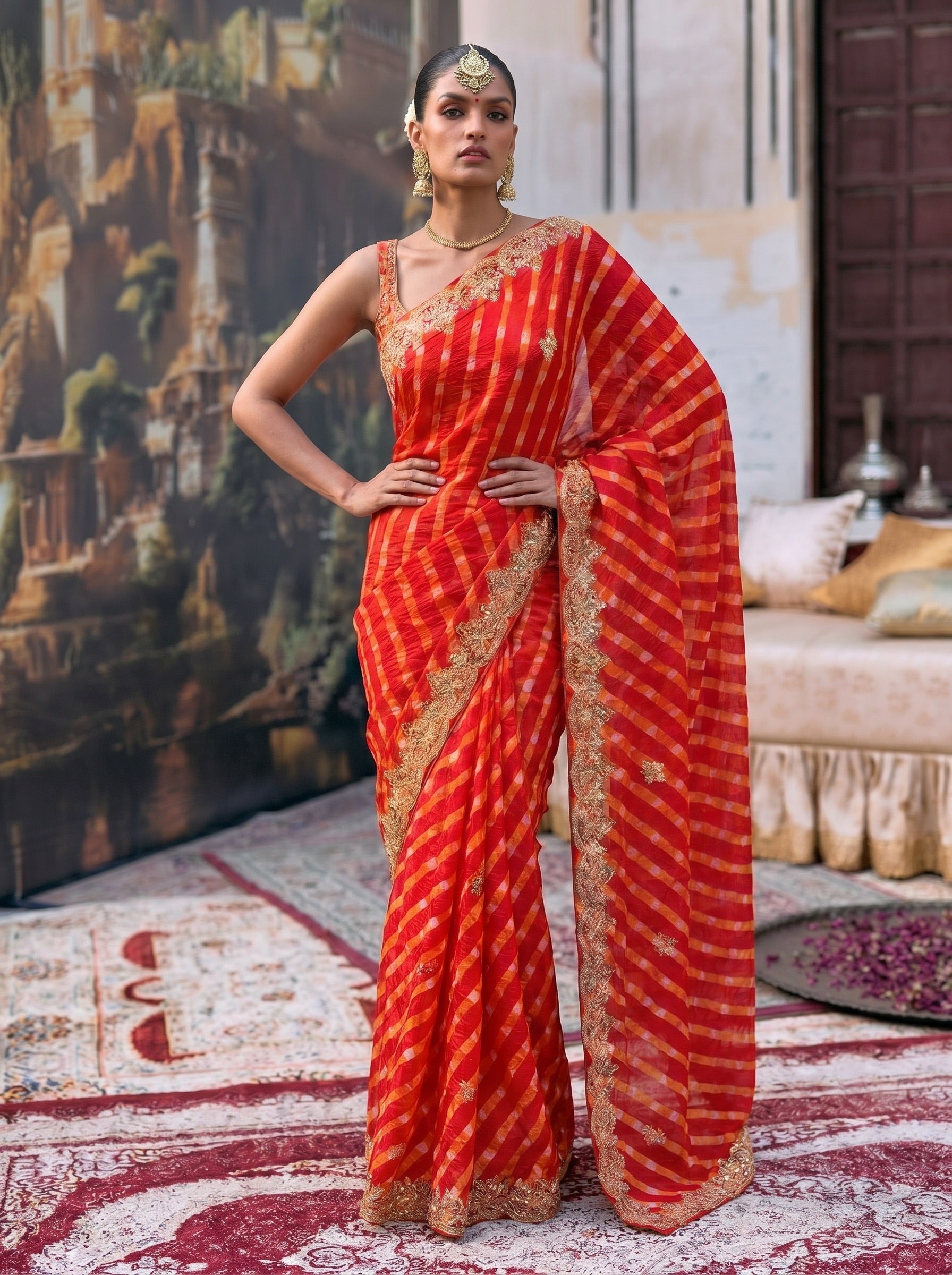 Orange Leheriya Tussar SIlk Saree