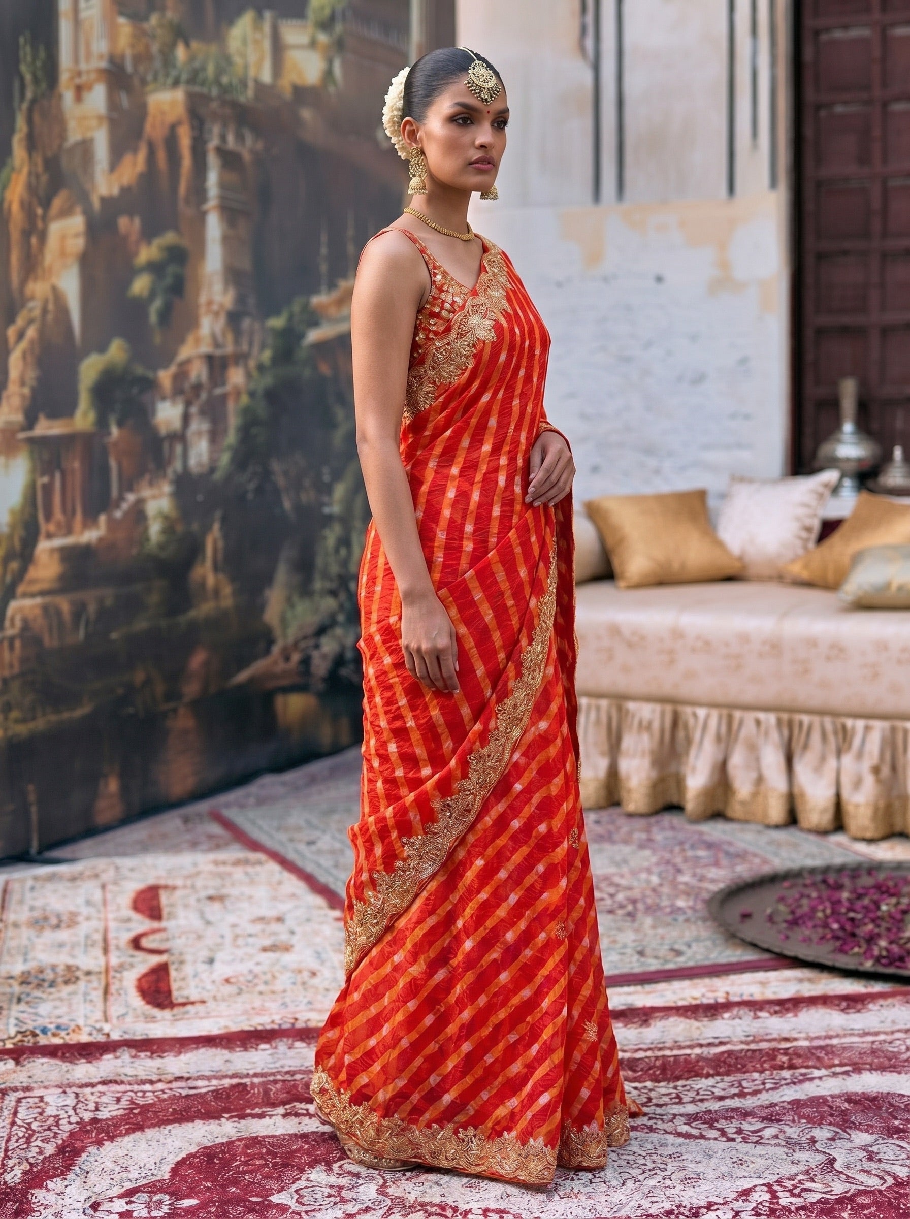 Orange Leheriya Tussar SIlk Saree