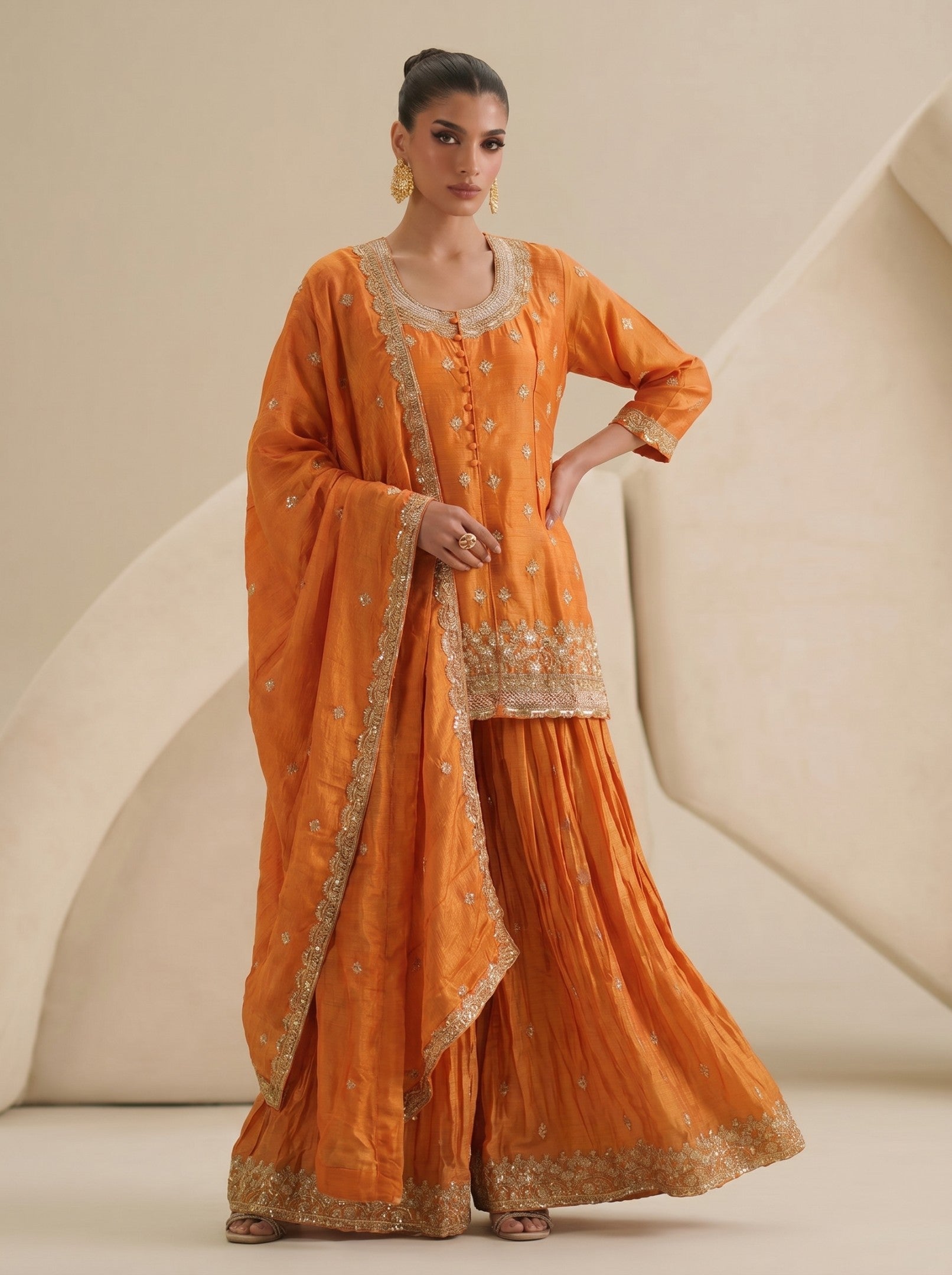 Orange Sharara embroidered Suit Set With Dupatta