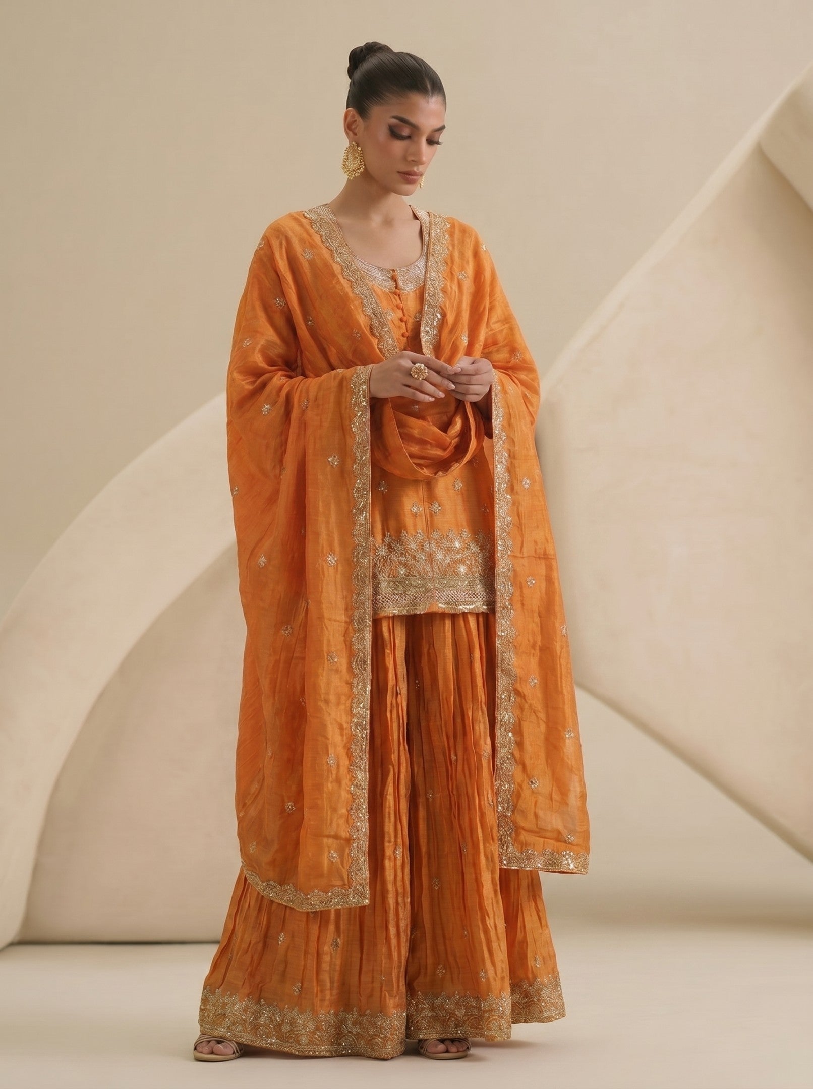 Orange Sharara embroidered Suit Set With Dupatta