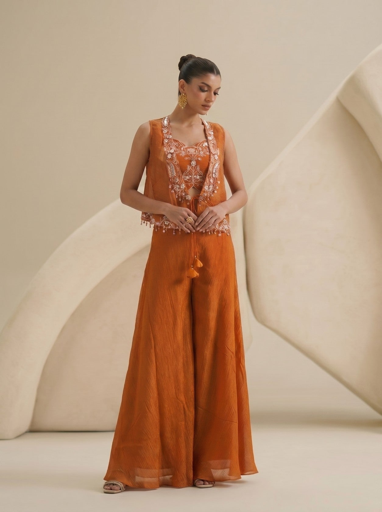 Rust Indo-western With Shrug