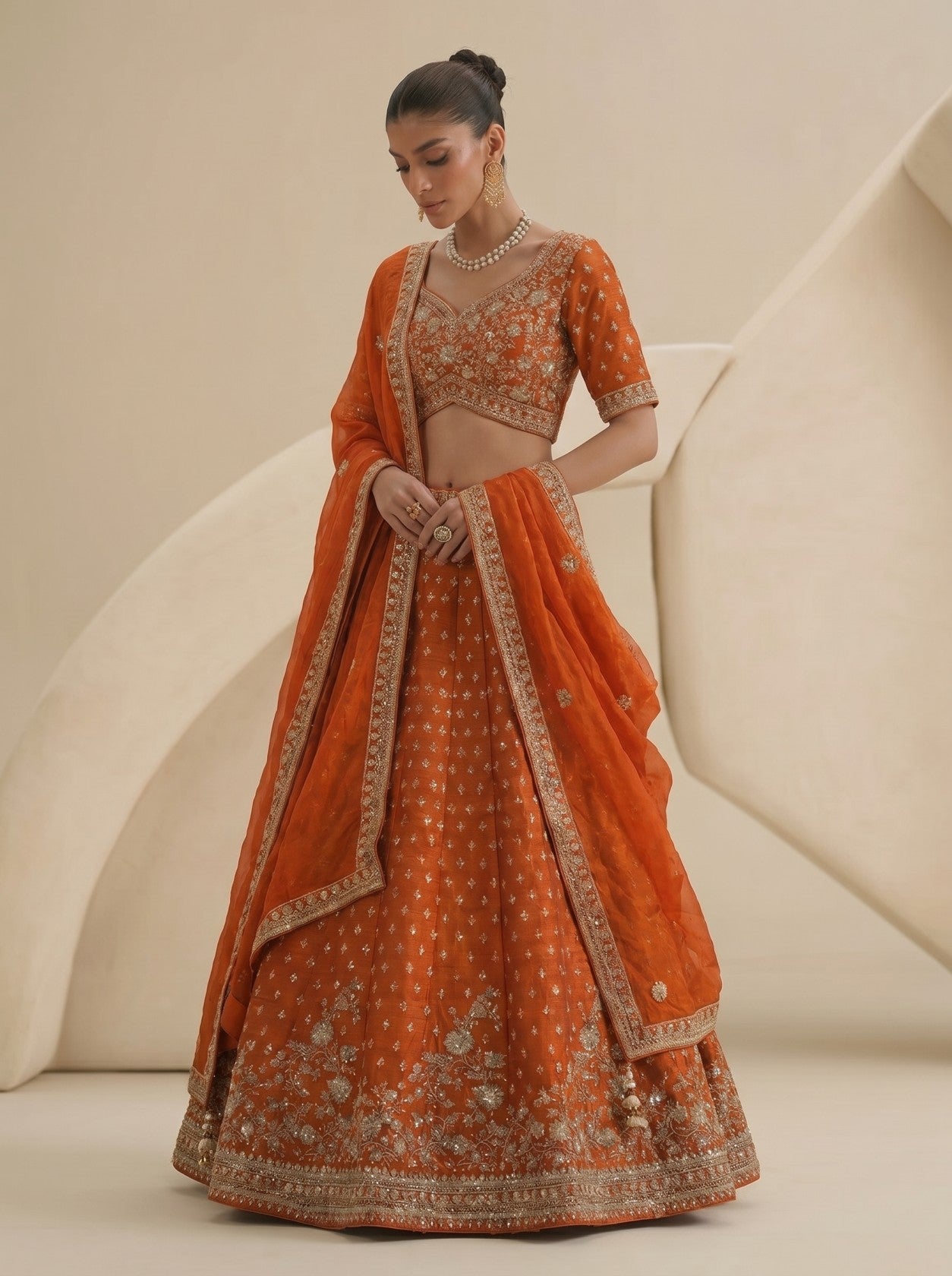 Orange Embroidered Lehenga Set