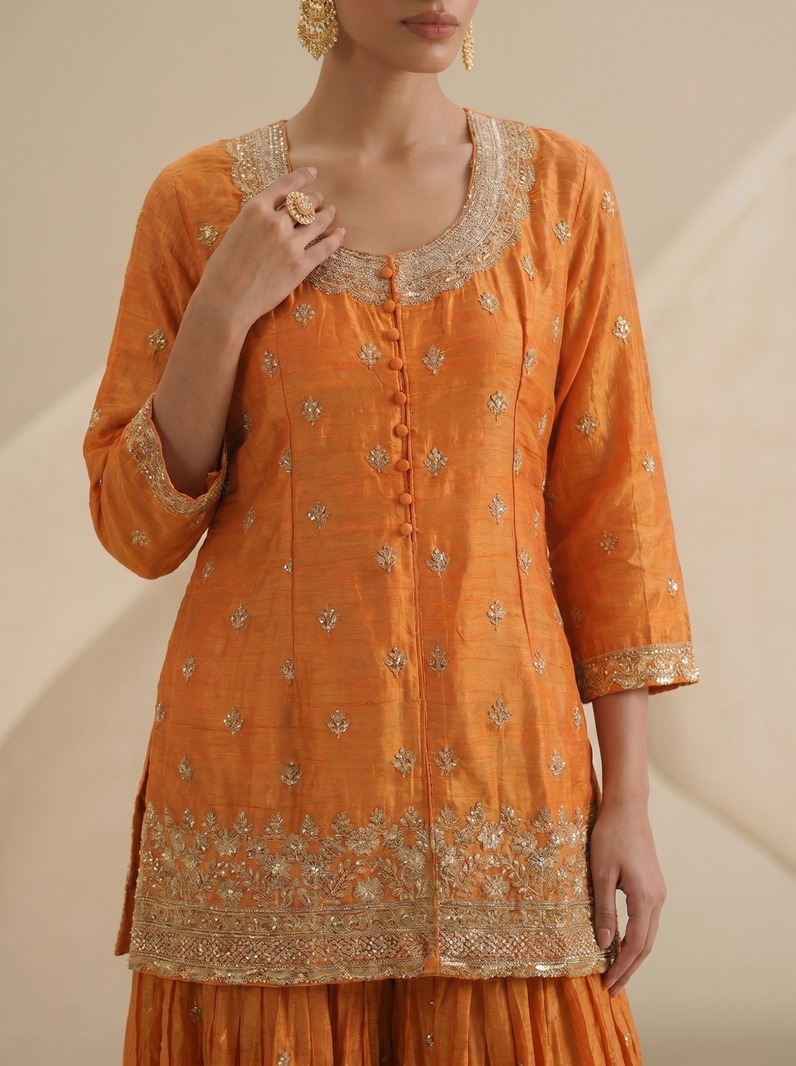 Orange Sharara embroidered Suit Set With Dupatta
