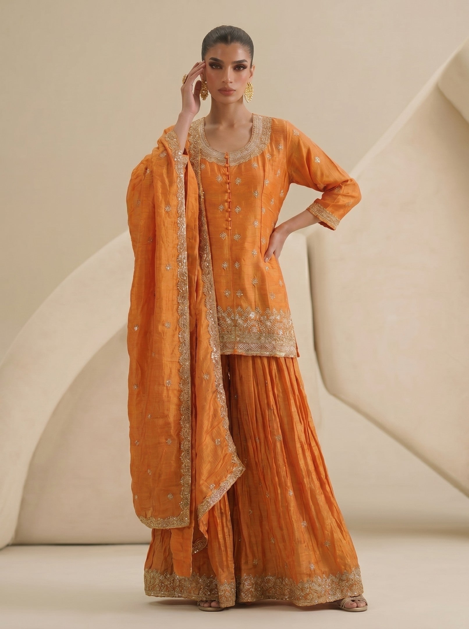 Orange Sharara embroidered Suit Set With Dupatta