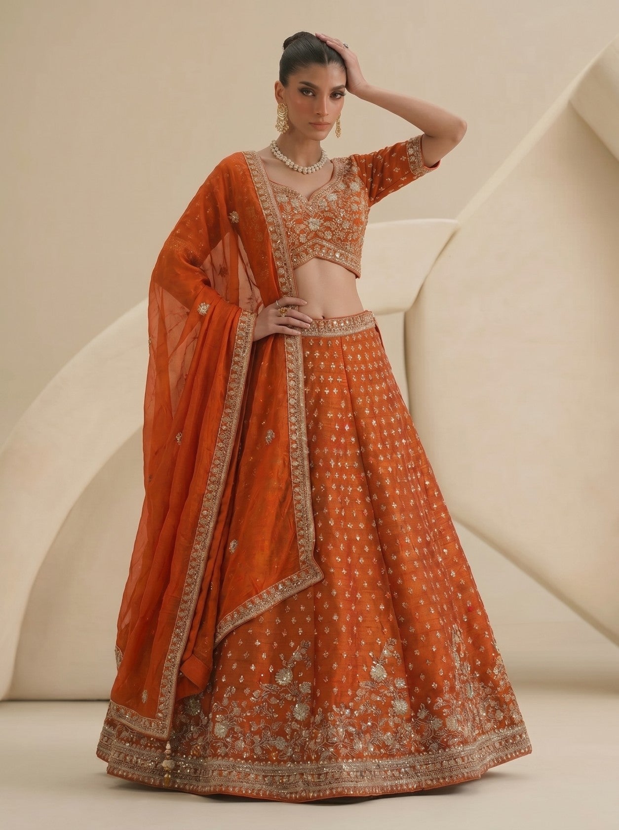 Orange Embroidered Lehenga Set