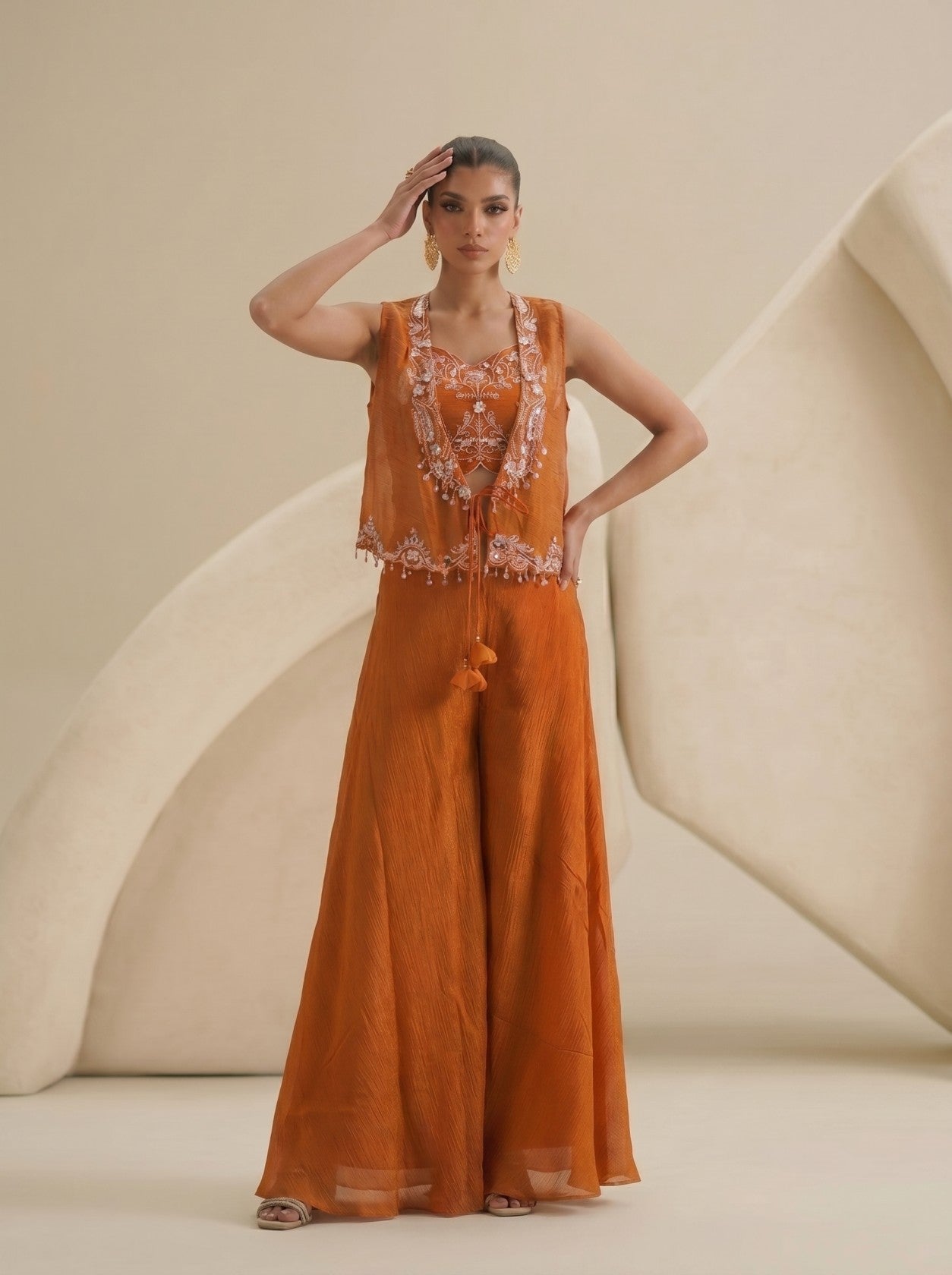 Rust Indo-western With Shrug