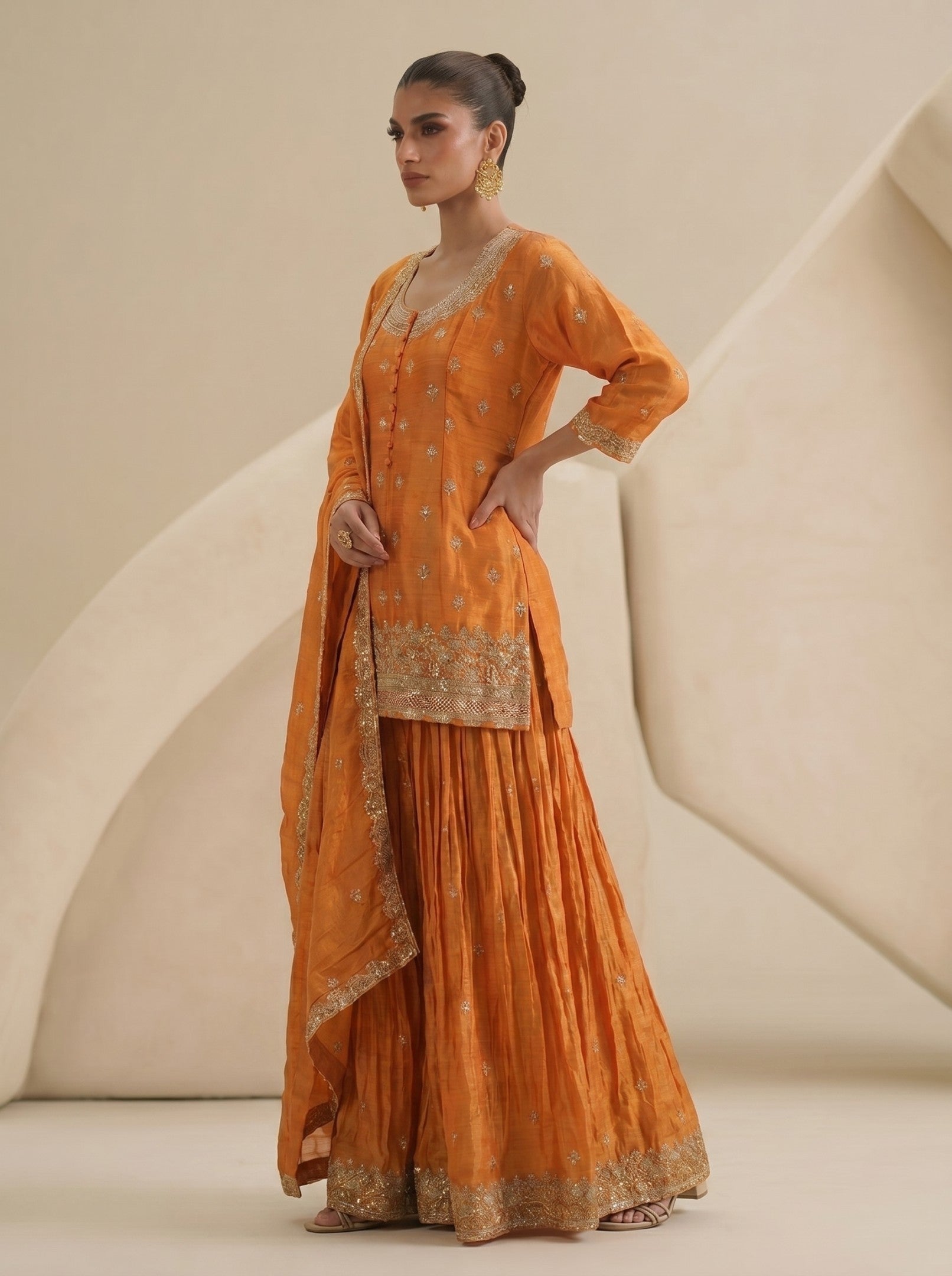 Orange Sharara embroidered Suit Set With Dupatta