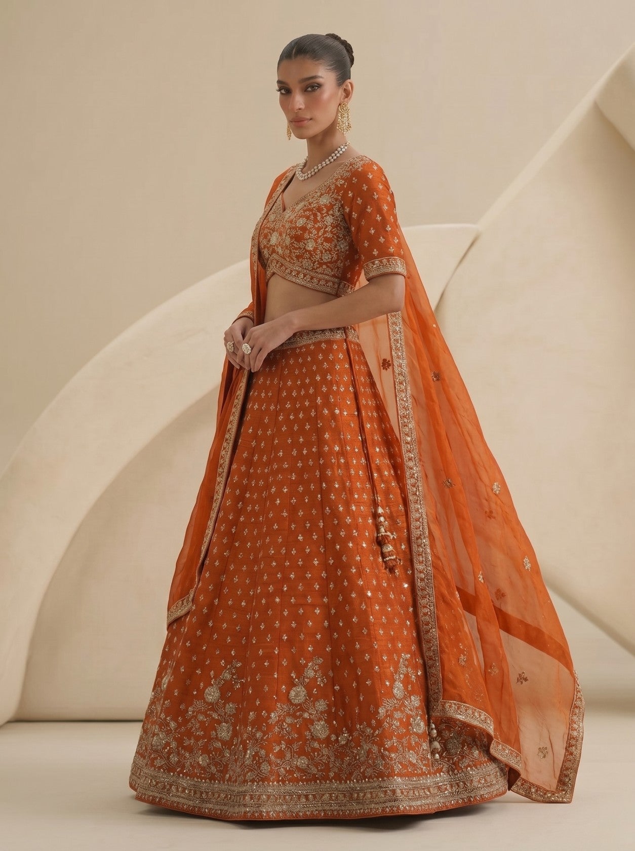 Orange Embroidered Lehenga Set