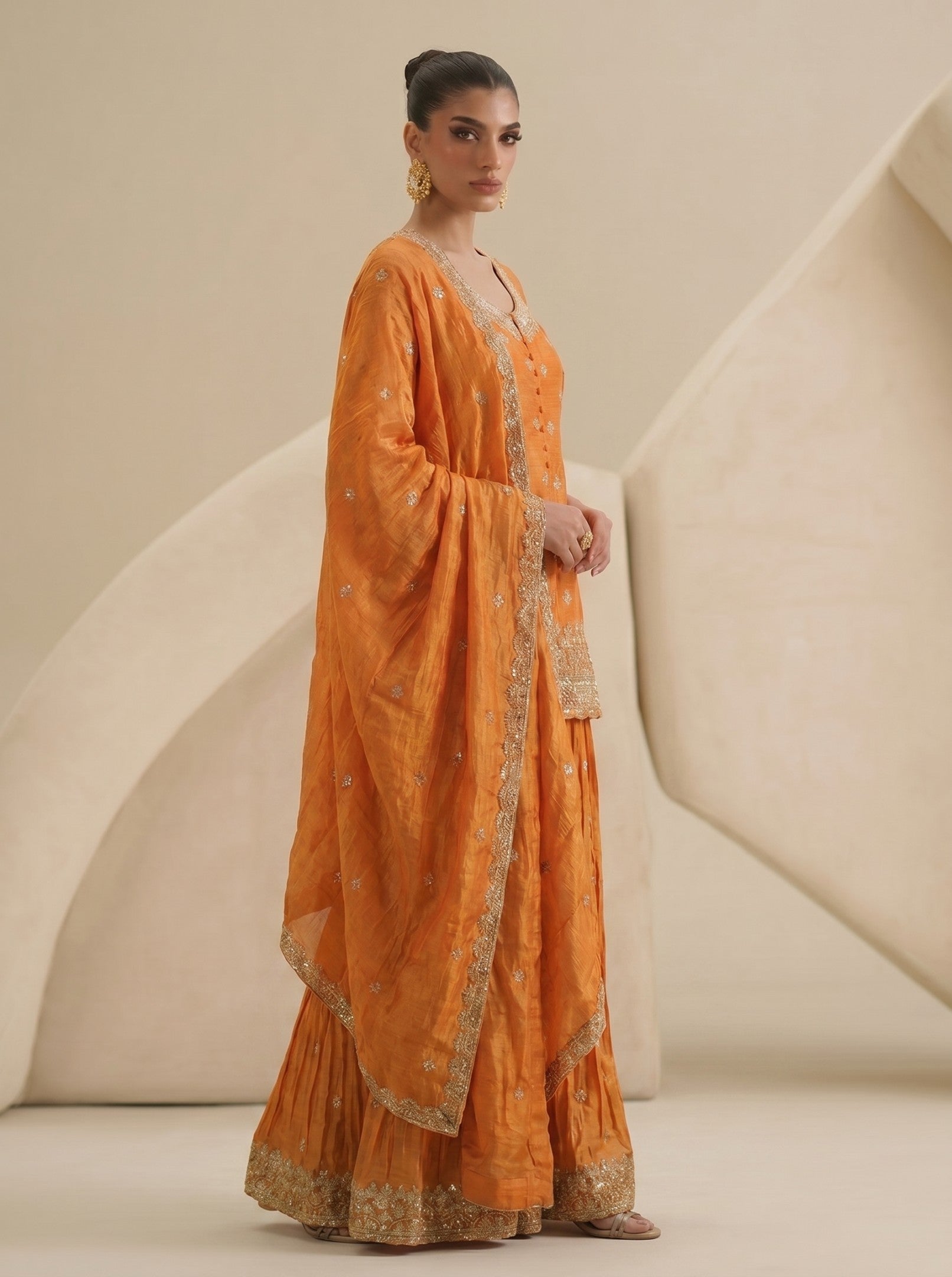Orange Sharara embroidered Suit Set With Dupatta