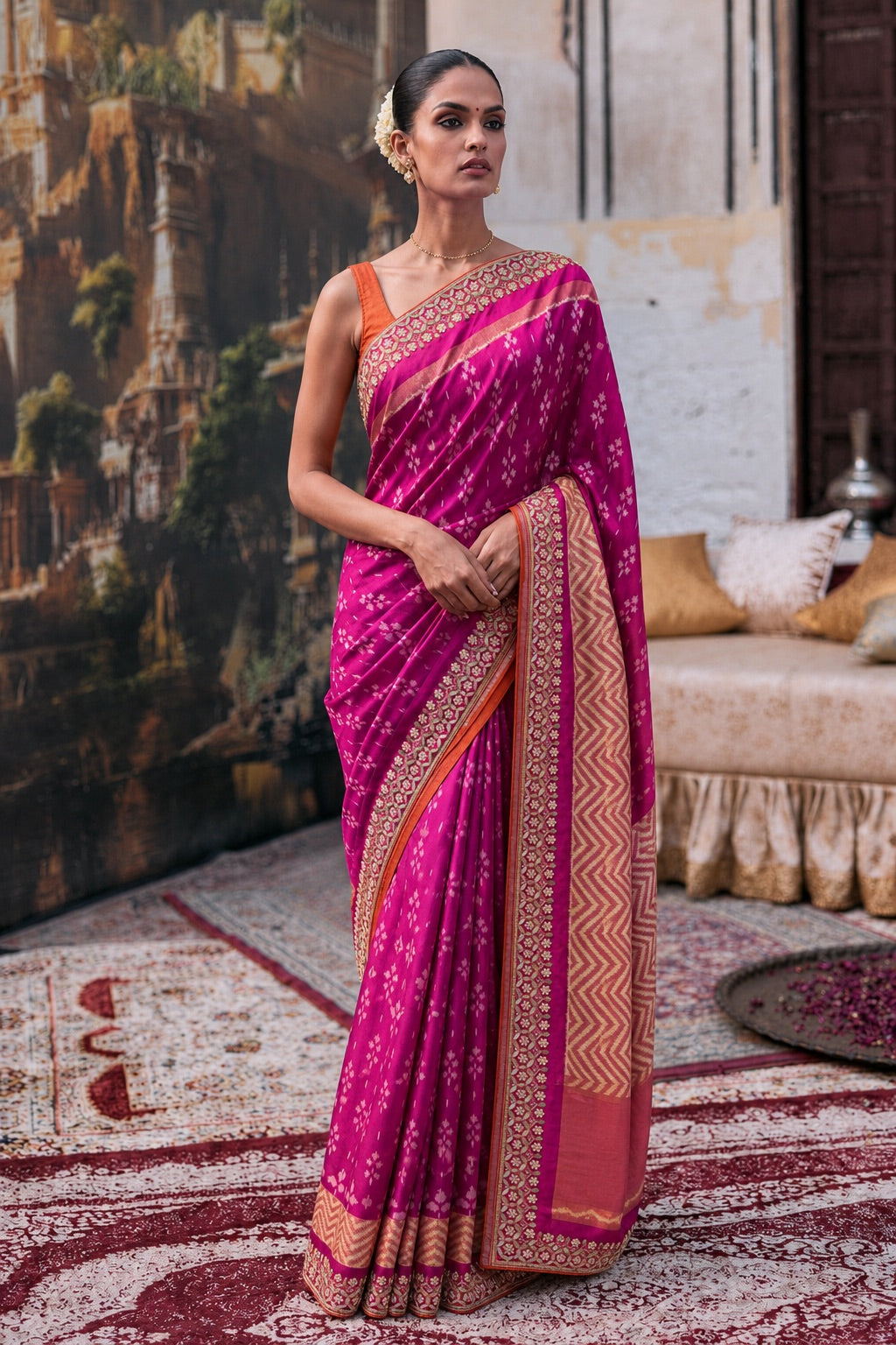 Magenta Patola Silk Saree with Handcrafted Border