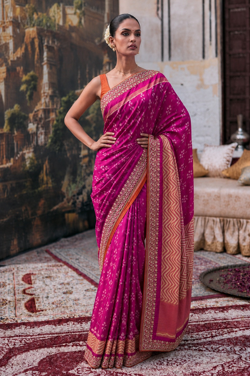 Magenta Patola Silk Saree with Handcrafted Border