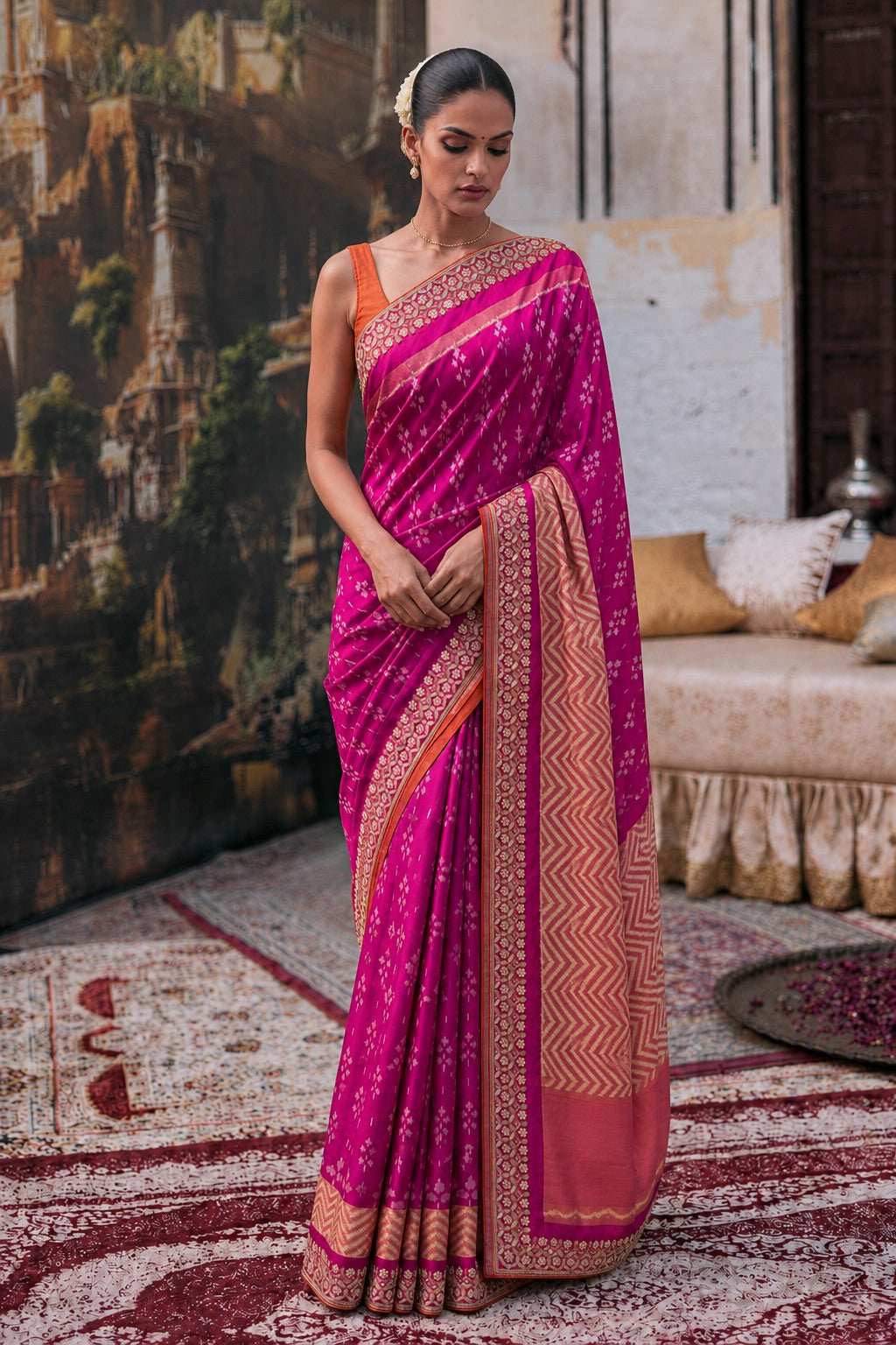 Magenta Patola Silk Saree with Handcrafted Border