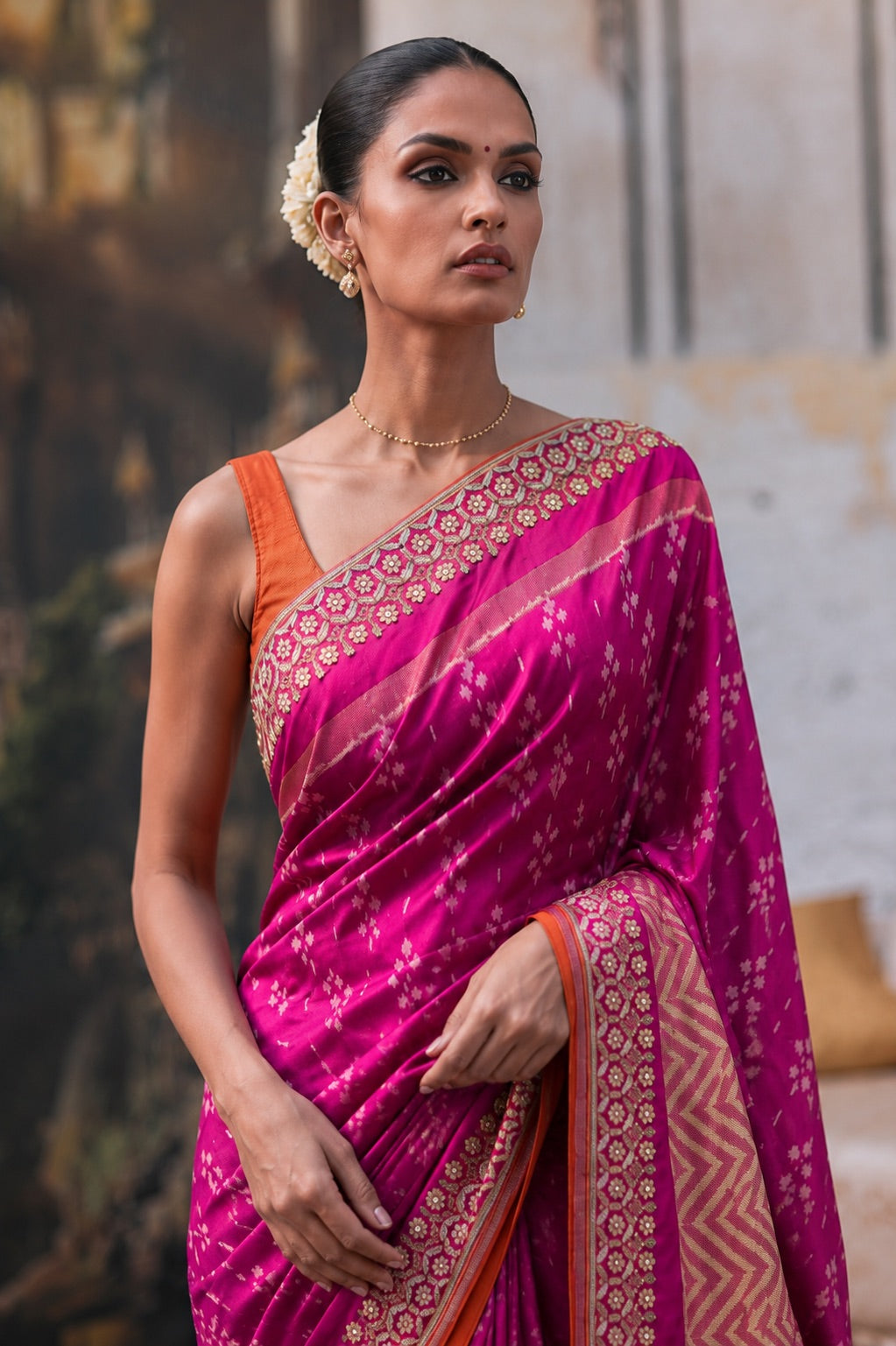 Magenta Patola Silk Saree with Handcrafted Border