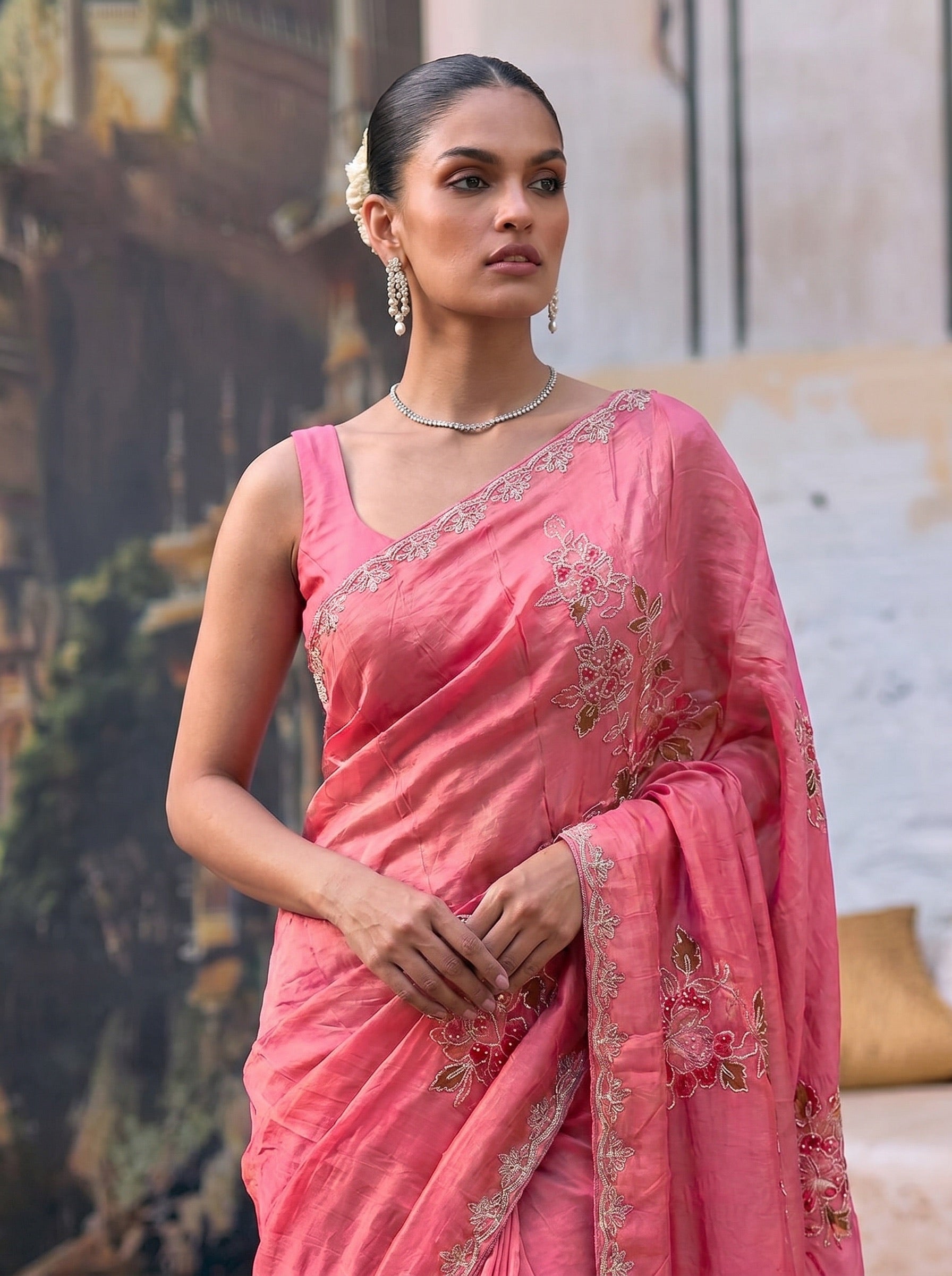 Fuscia Pink Digital Print Silk Saree