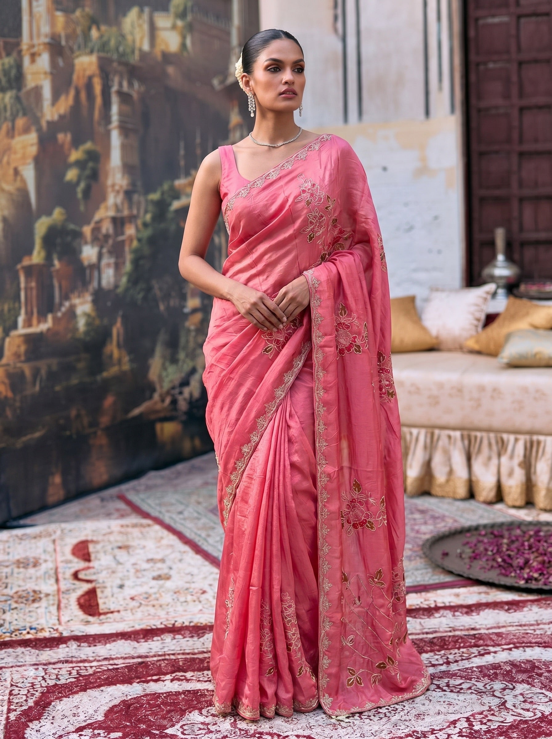 Fuscia Pink Digital Print Silk Saree