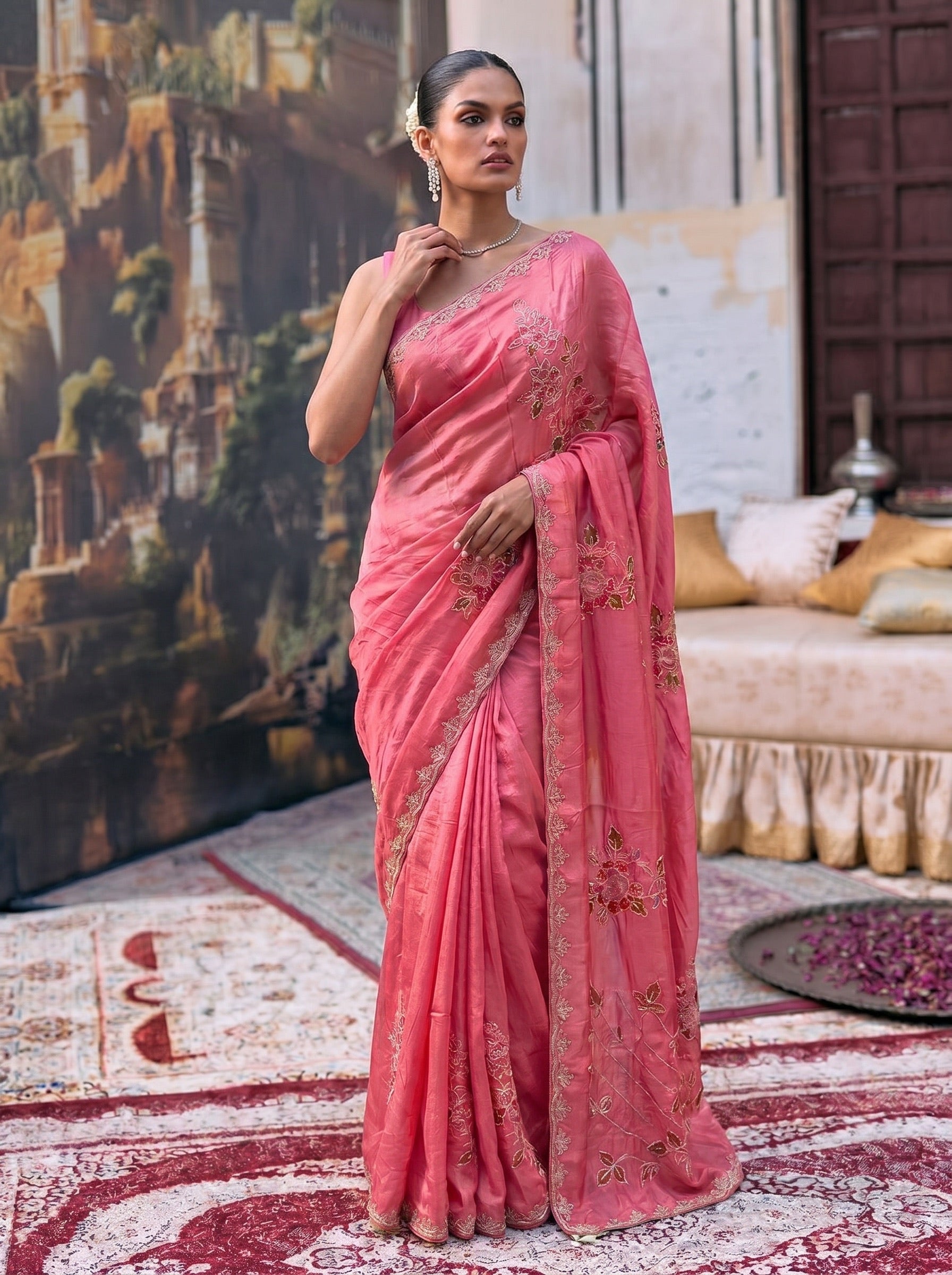 Fuscia Pink Digital Print Silk Saree