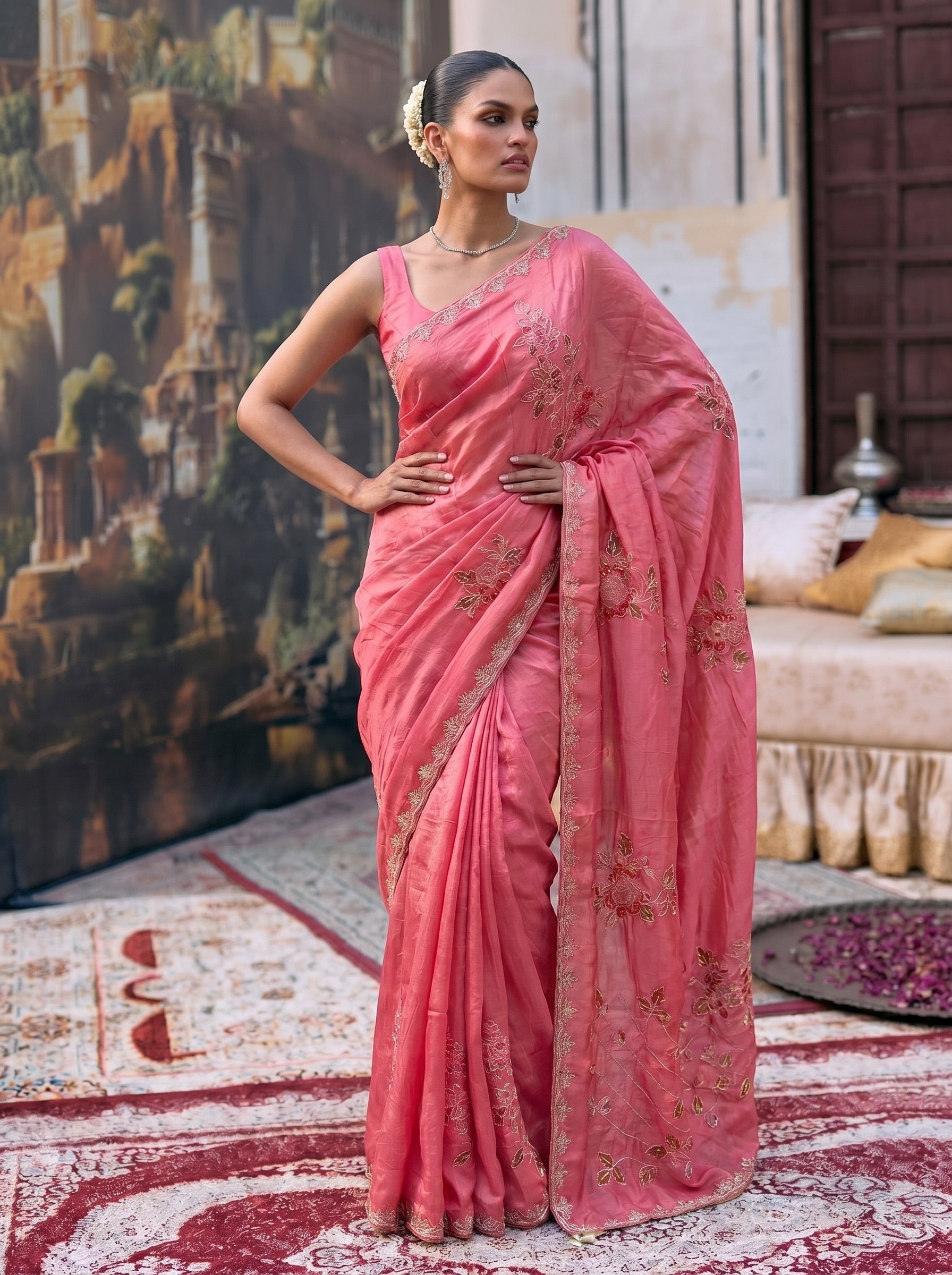 Fuscia Pink Digital Print Silk Saree