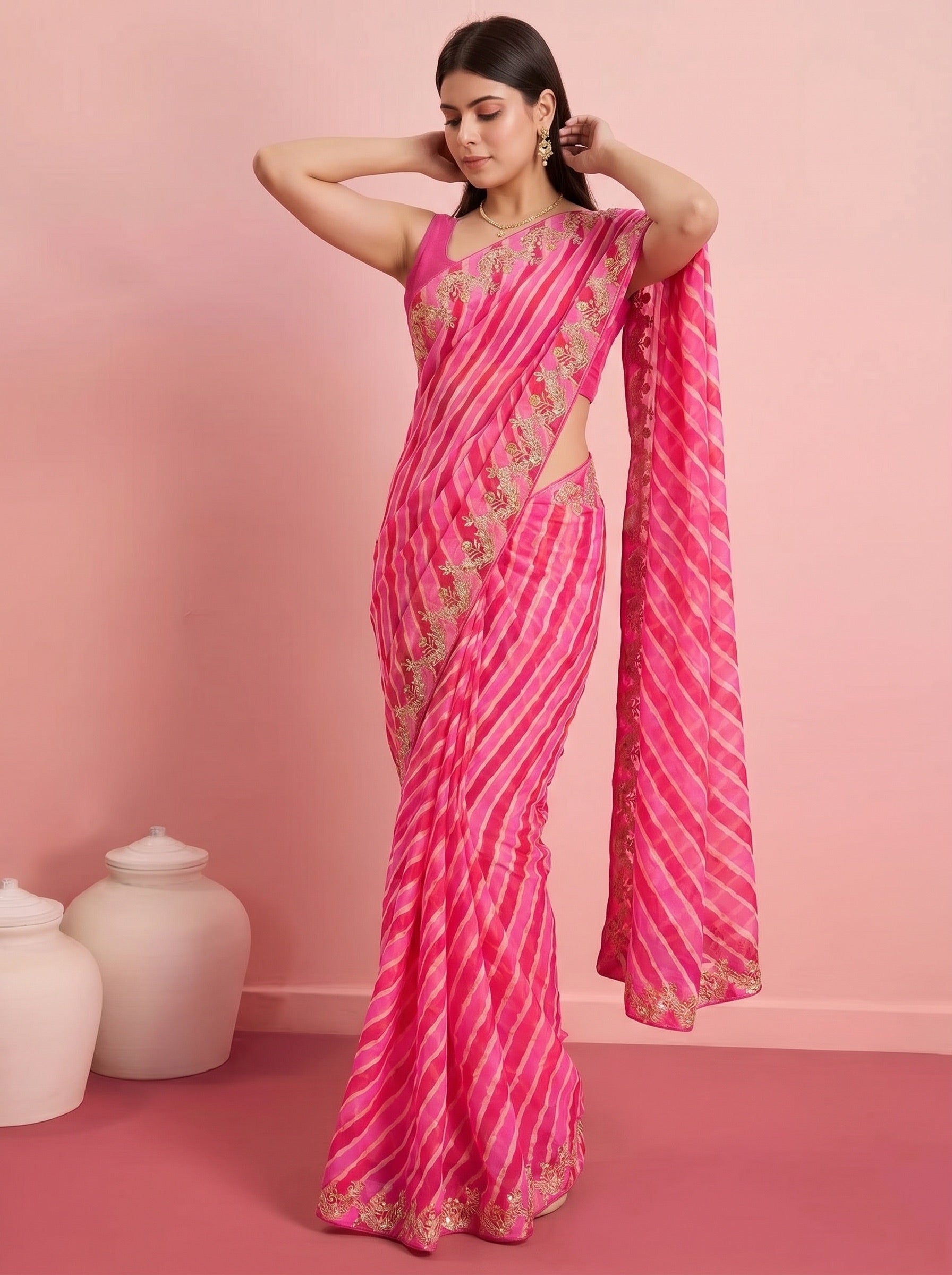 Pink  Leheriya Pure Tussar Silk Saree