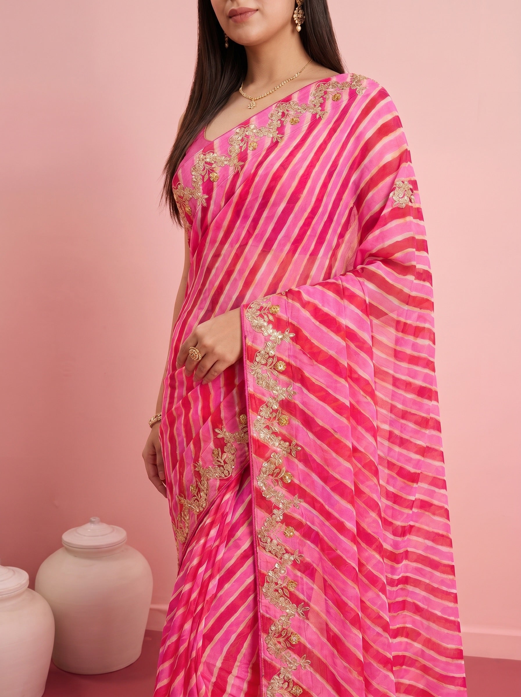 Pink  Leheriya Pure Tussar Silk Saree