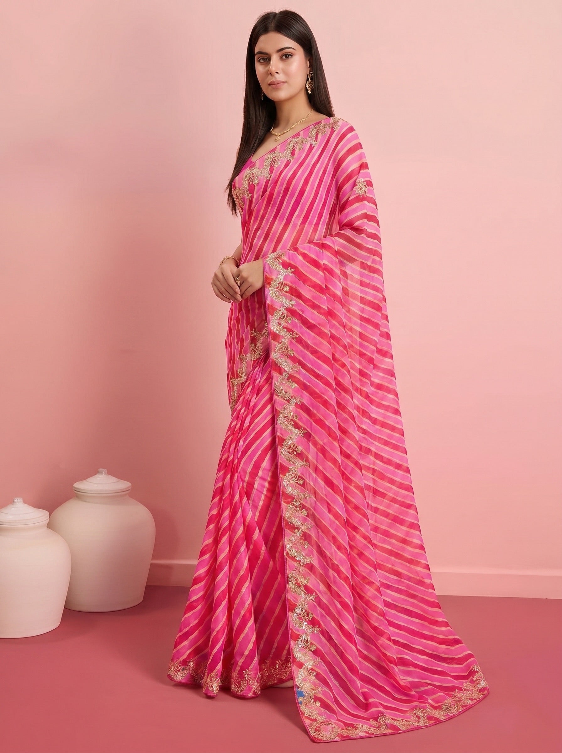 Pink  Leheriya Pure Tussar Silk Saree