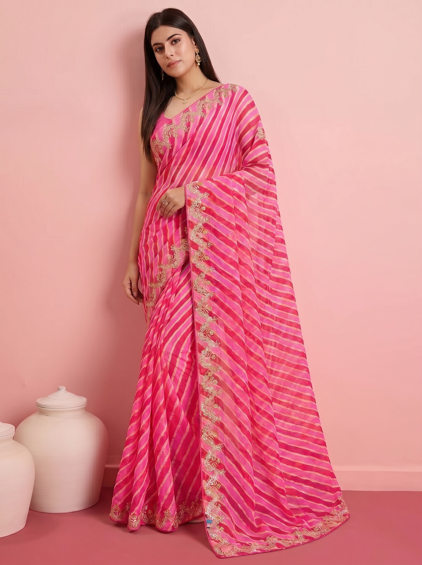 Pink  Leheriya Pure Tussar Silk Saree