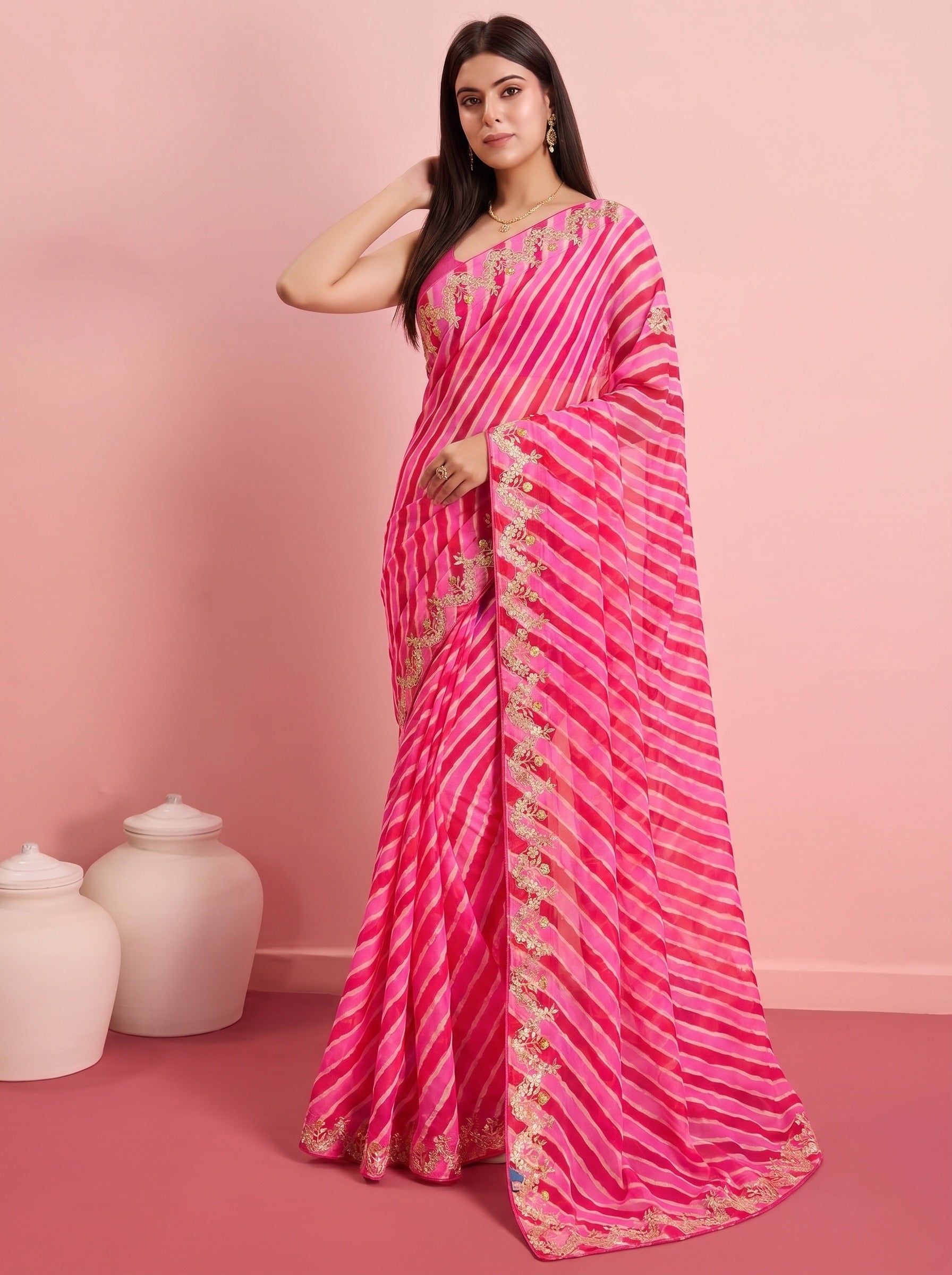 Pink  Leheriya Pure Tussar Silk Saree