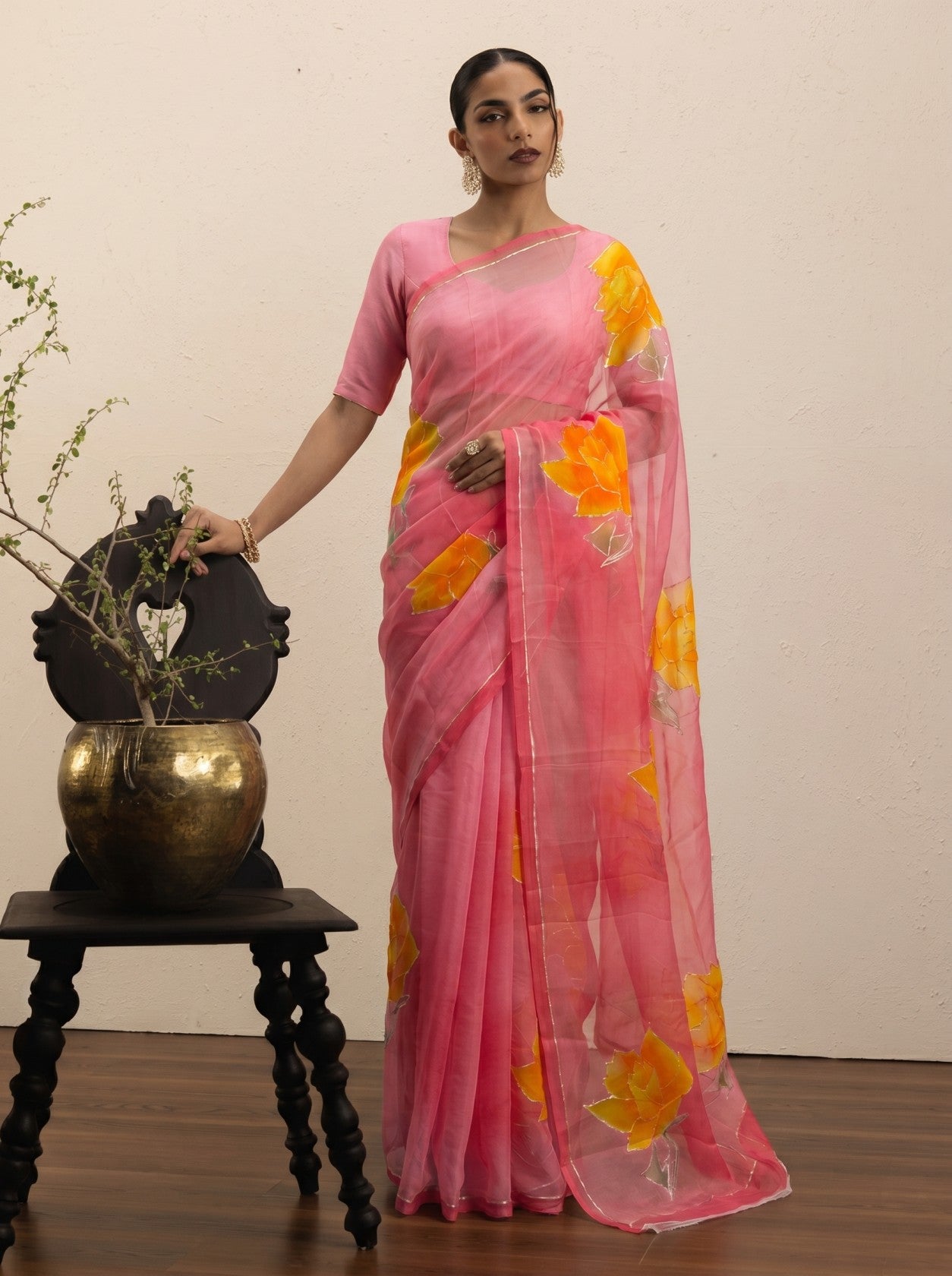 Pink Handprinted Saree