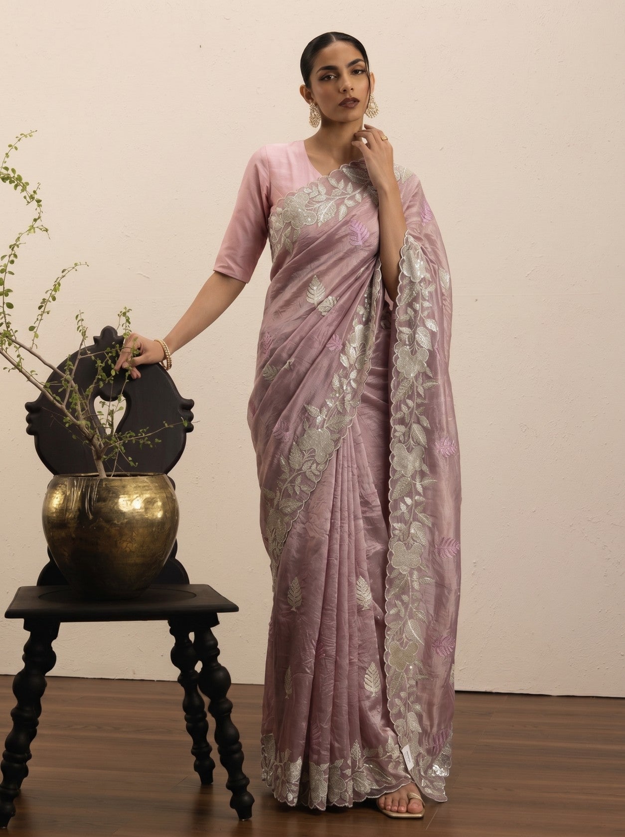 Dusty Rose Tissue Saree with Silver Floral Border