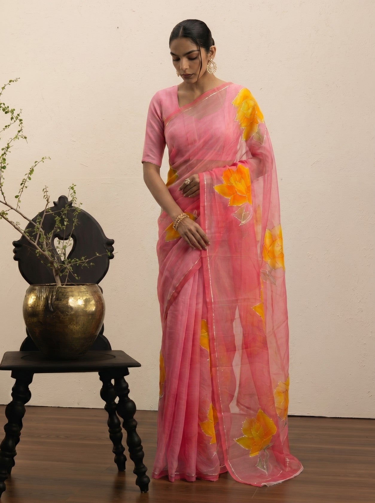 Pink Handprinted Saree