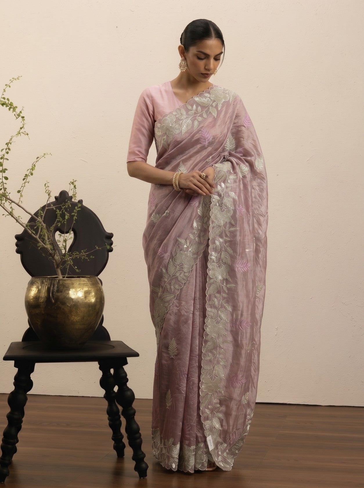 Dusty Rose Tissue Saree with Silver Floral Border