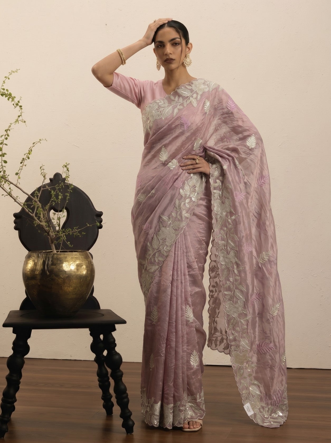 Dusty Rose Tissue Saree with Silver Floral Border