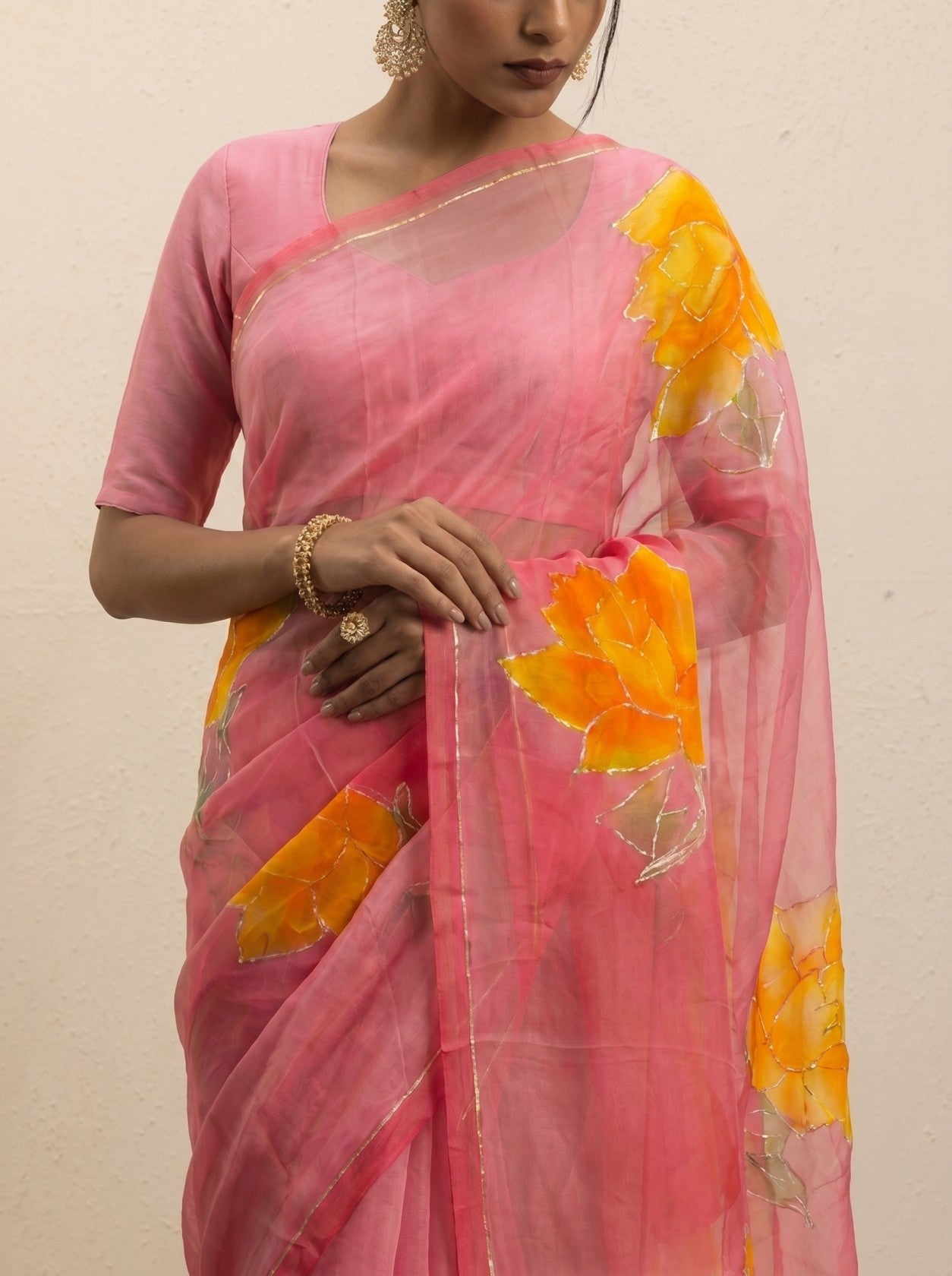 Pink Handprinted Saree