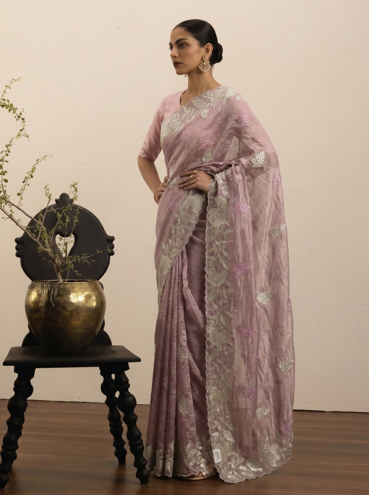 Dusty Rose Tissue Saree with Silver Floral Border