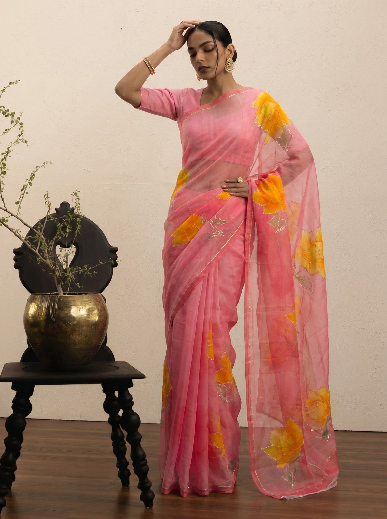 Pink Handprinted Saree