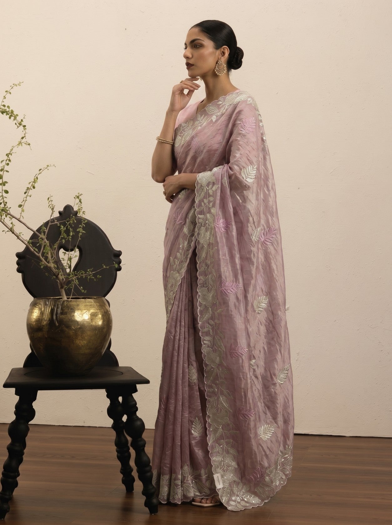 Dusty Rose Tissue Saree with Silver Floral Border