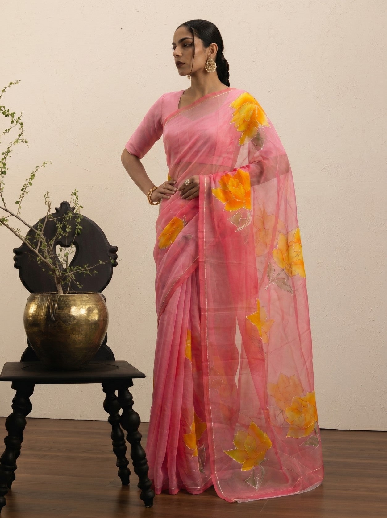 Pink Handprinted Saree