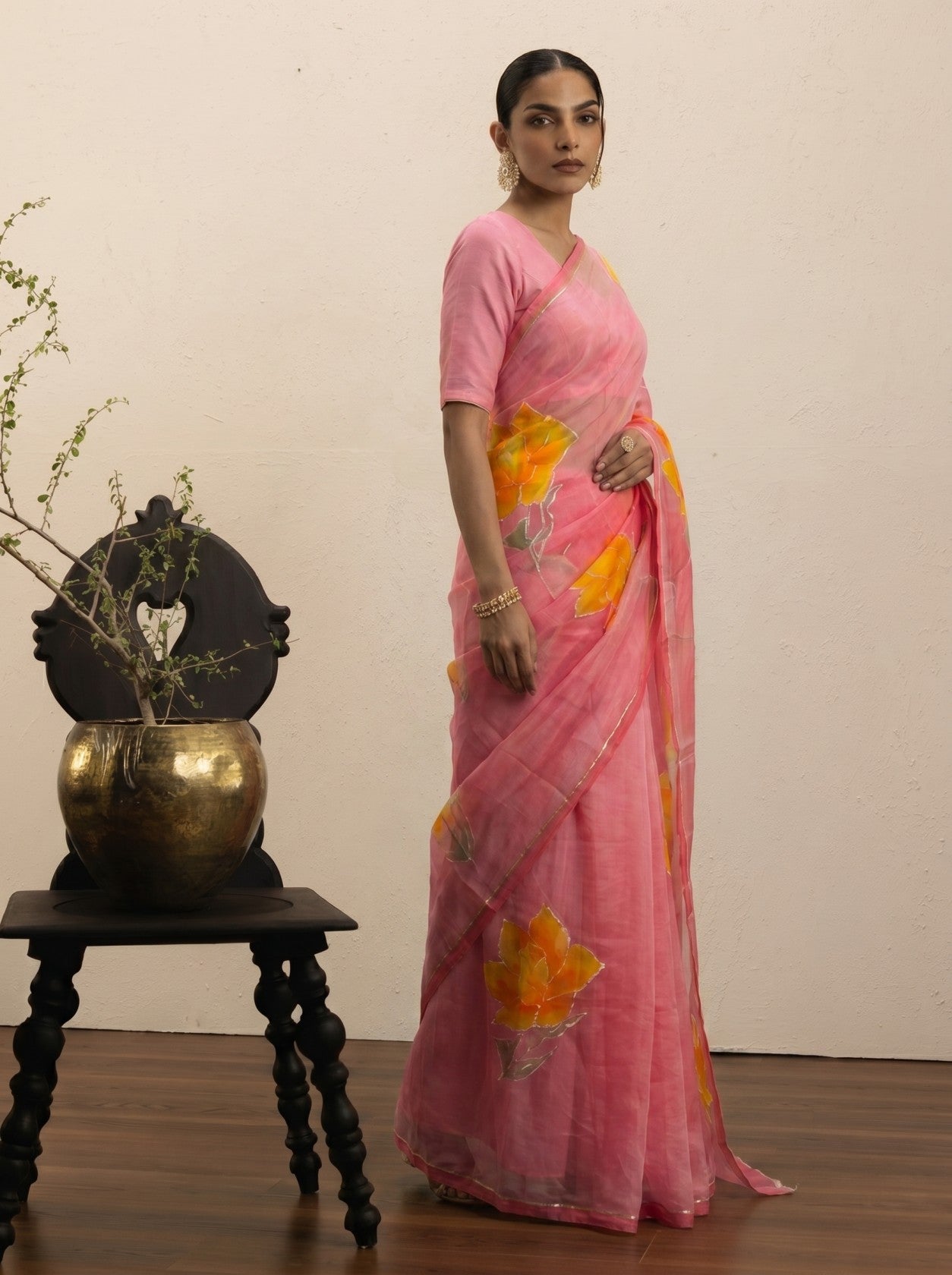 Pink Handprinted Saree