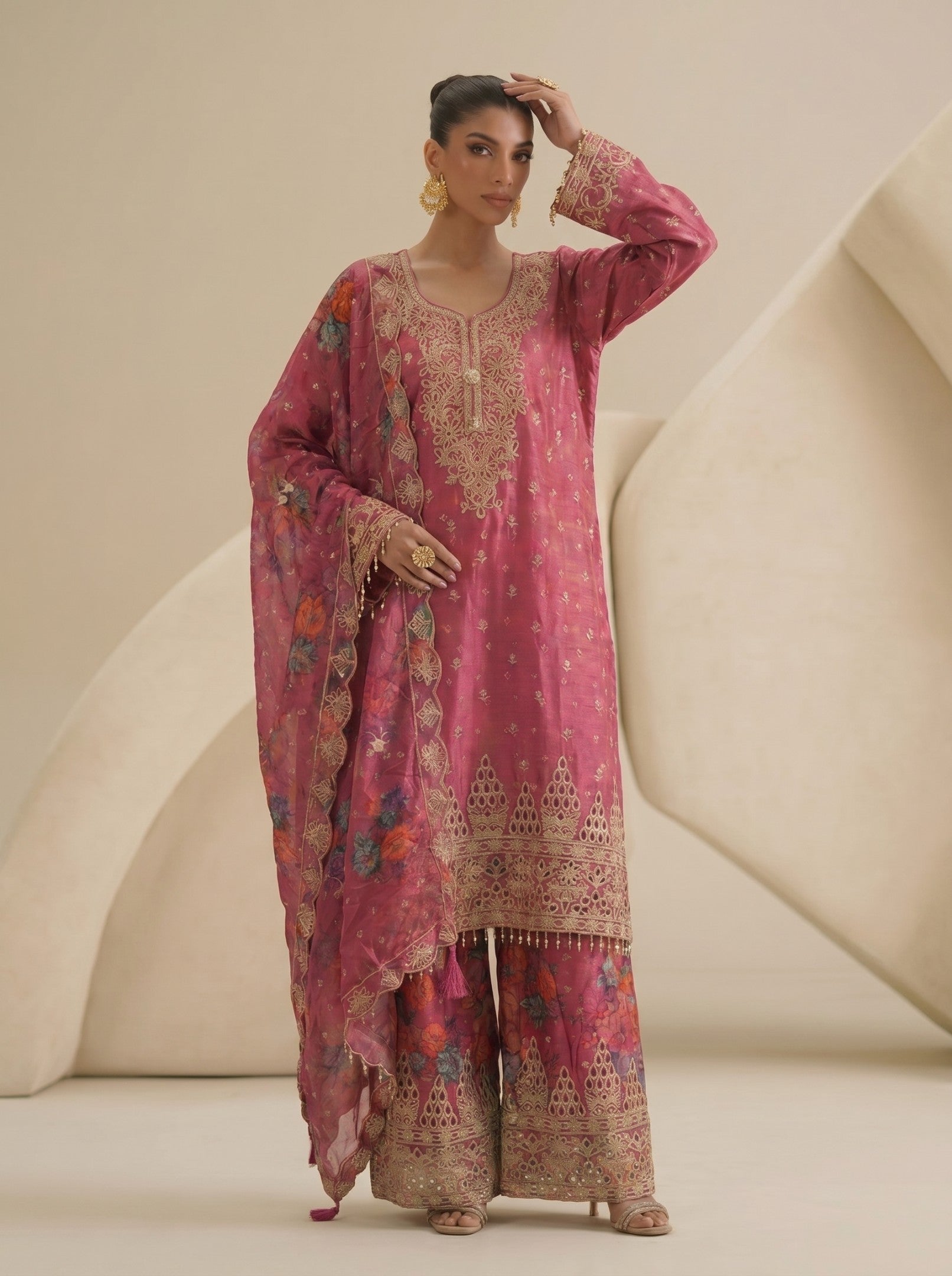 Pink Thread Cotton Suit Set With Dupatta