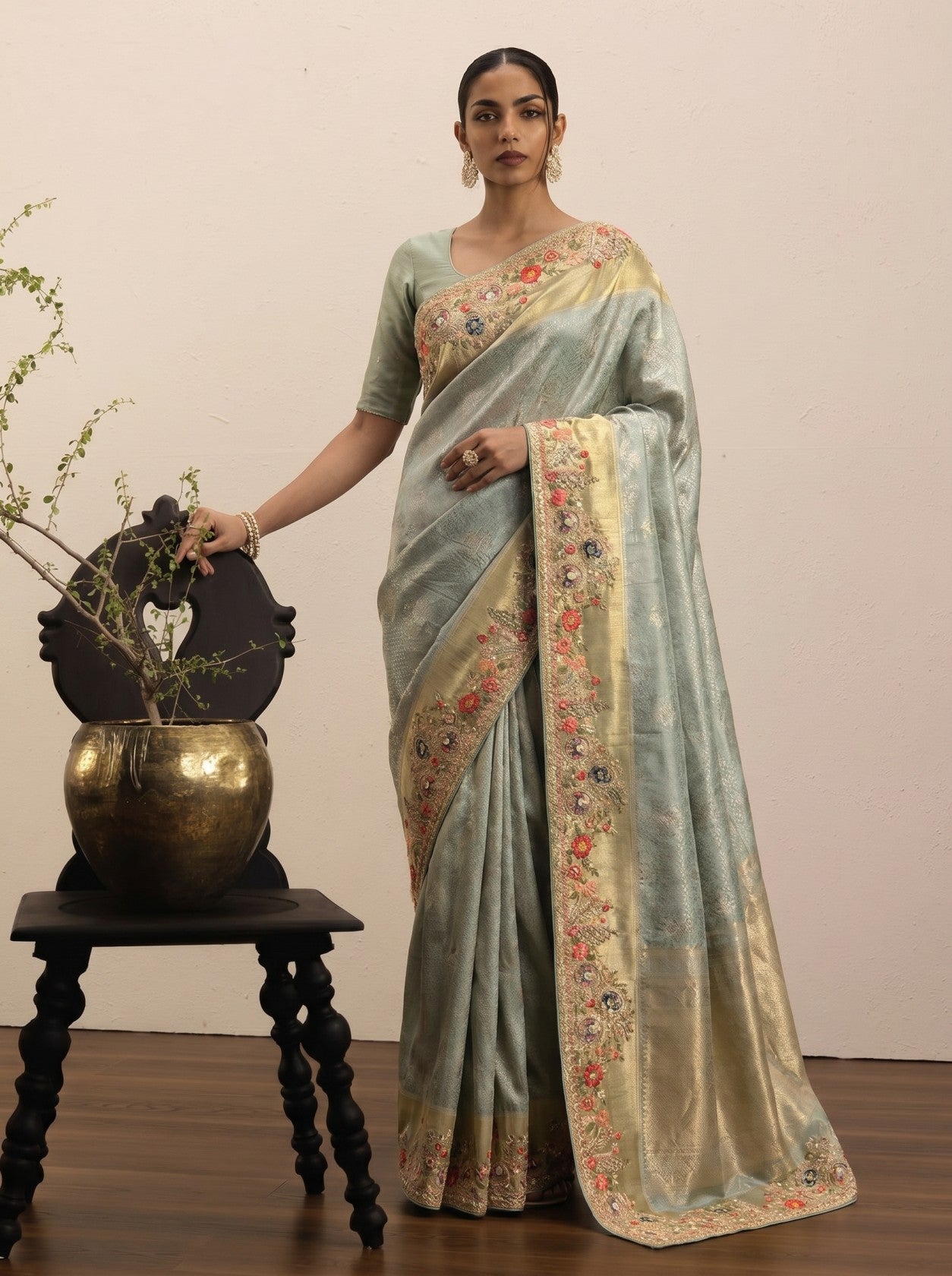 Pista Green Embroidered Saree