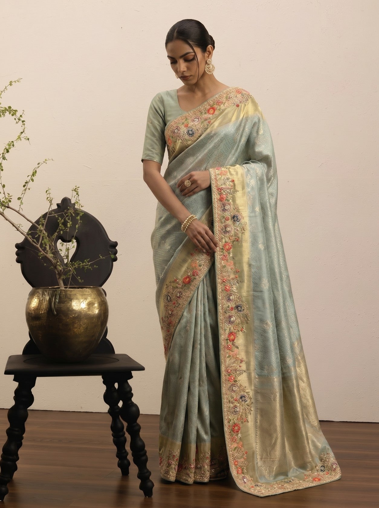 Pista Green Embroidered Saree
